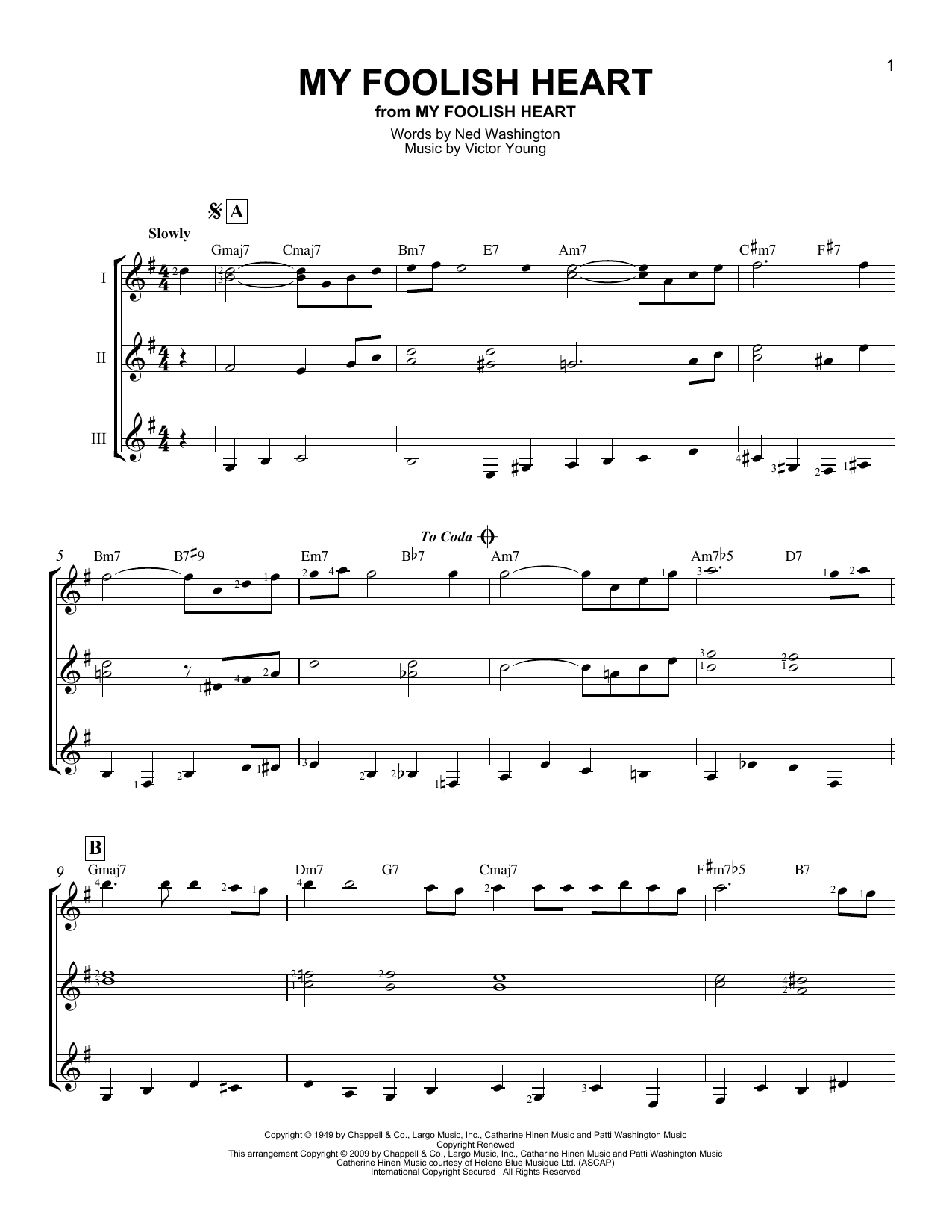 Victor Young My Foolish Heart Sheet Music Notes & Chords for Guitar Ensemble - Download or Print PDF