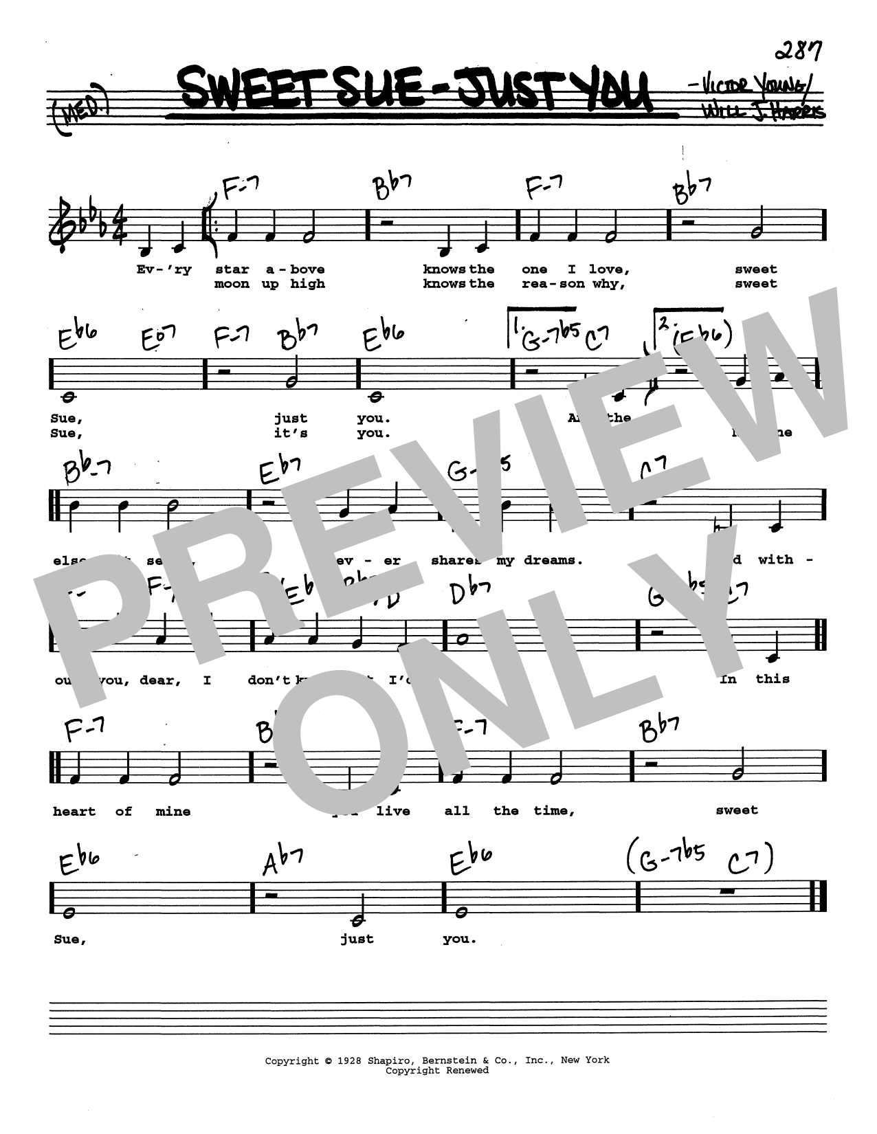 Victor Young Sweet Sue-Just You (Low Voice) Sheet Music Notes & Chords for Real Book – Melody, Lyrics & Chords - Download or Print PDF