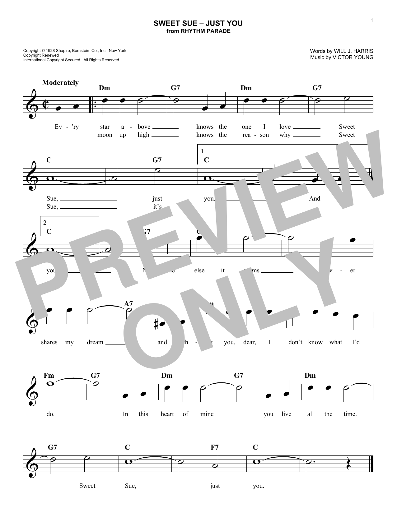 Victor Young Sweet Sue-Just You Sheet Music Notes & Chords for Melody Line, Lyrics & Chords - Download or Print PDF