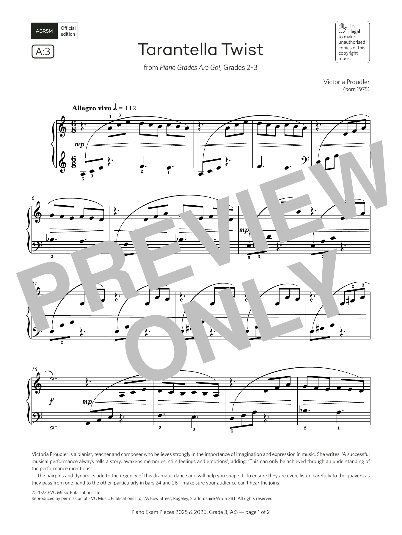 Victoria Proudler Tarantella Twist (Grade 3, list A3, from the ABRSM Piano Syllabus 2025 & 2026) Sheet Music Notes & Chords for Piano Solo - Download or Print PDF