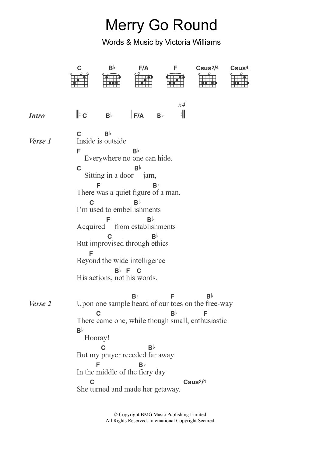 Victoria Williams Merry Go Round Sheet Music Notes & Chords for Lyrics & Chords - Download or Print PDF