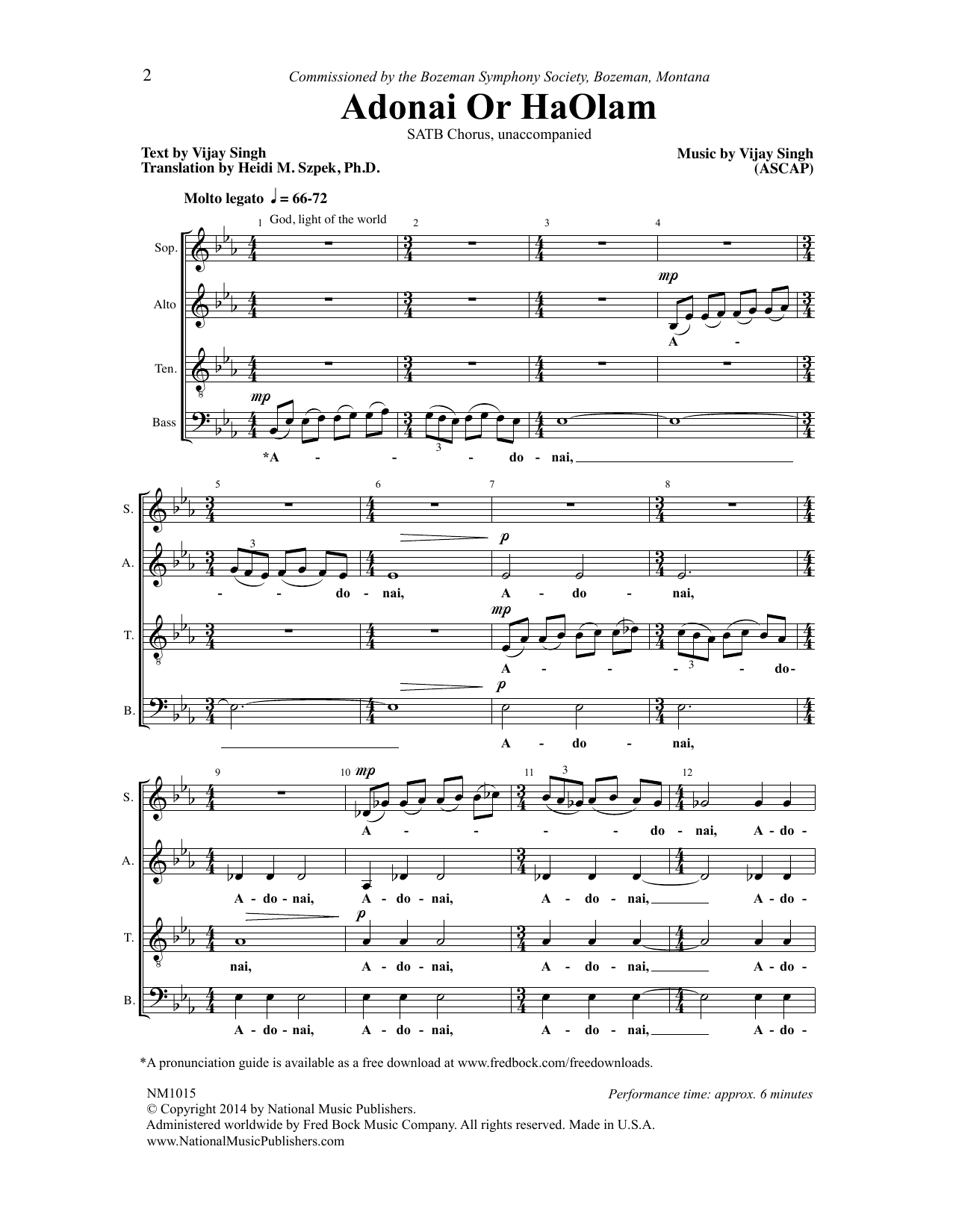Vijay Singh Adoni Or HaOlam Sheet Music Notes & Chords for Choral - Download or Print PDF