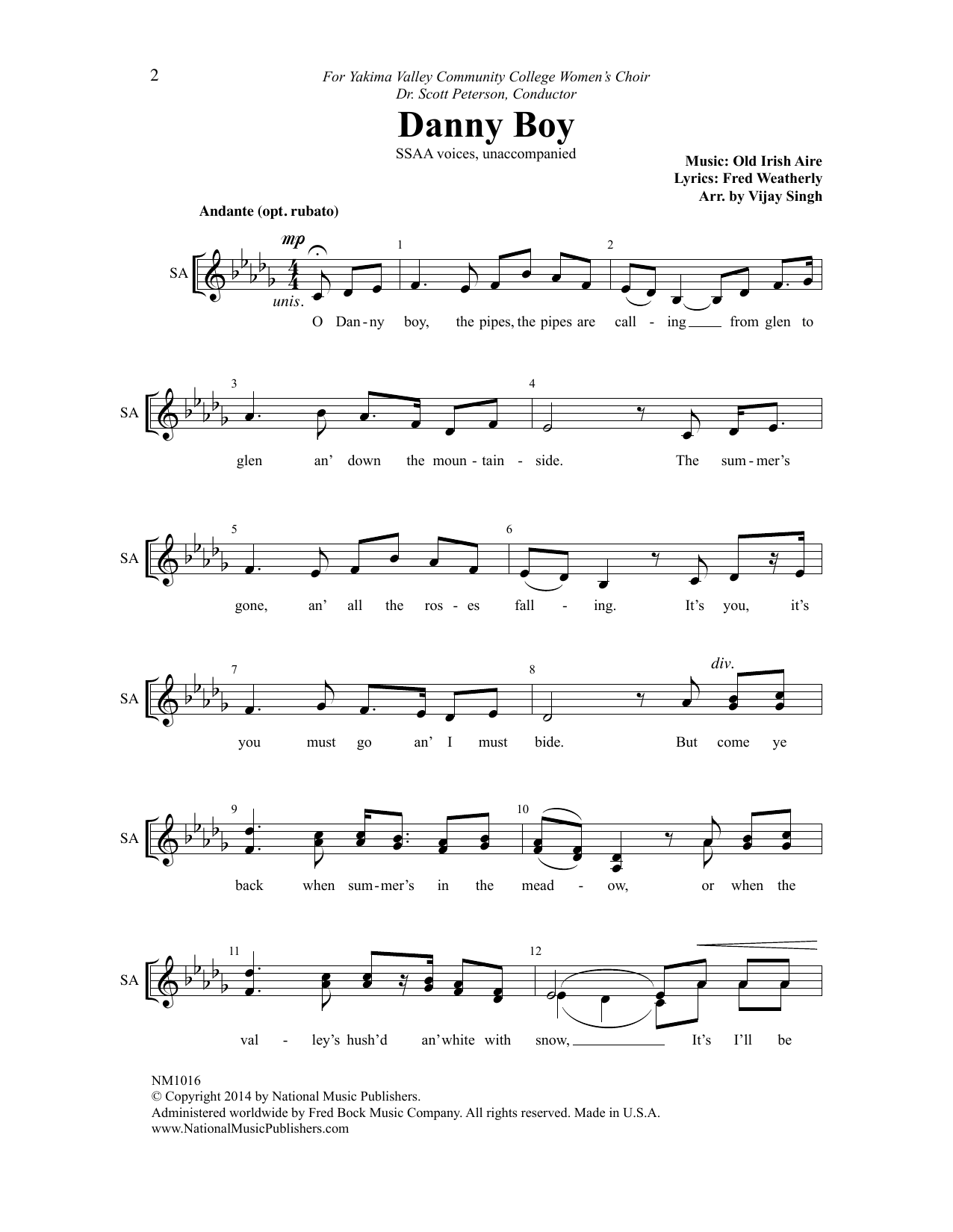 Vijay Singh Danny Boy Sheet Music Notes & Chords for Choral - Download or Print PDF