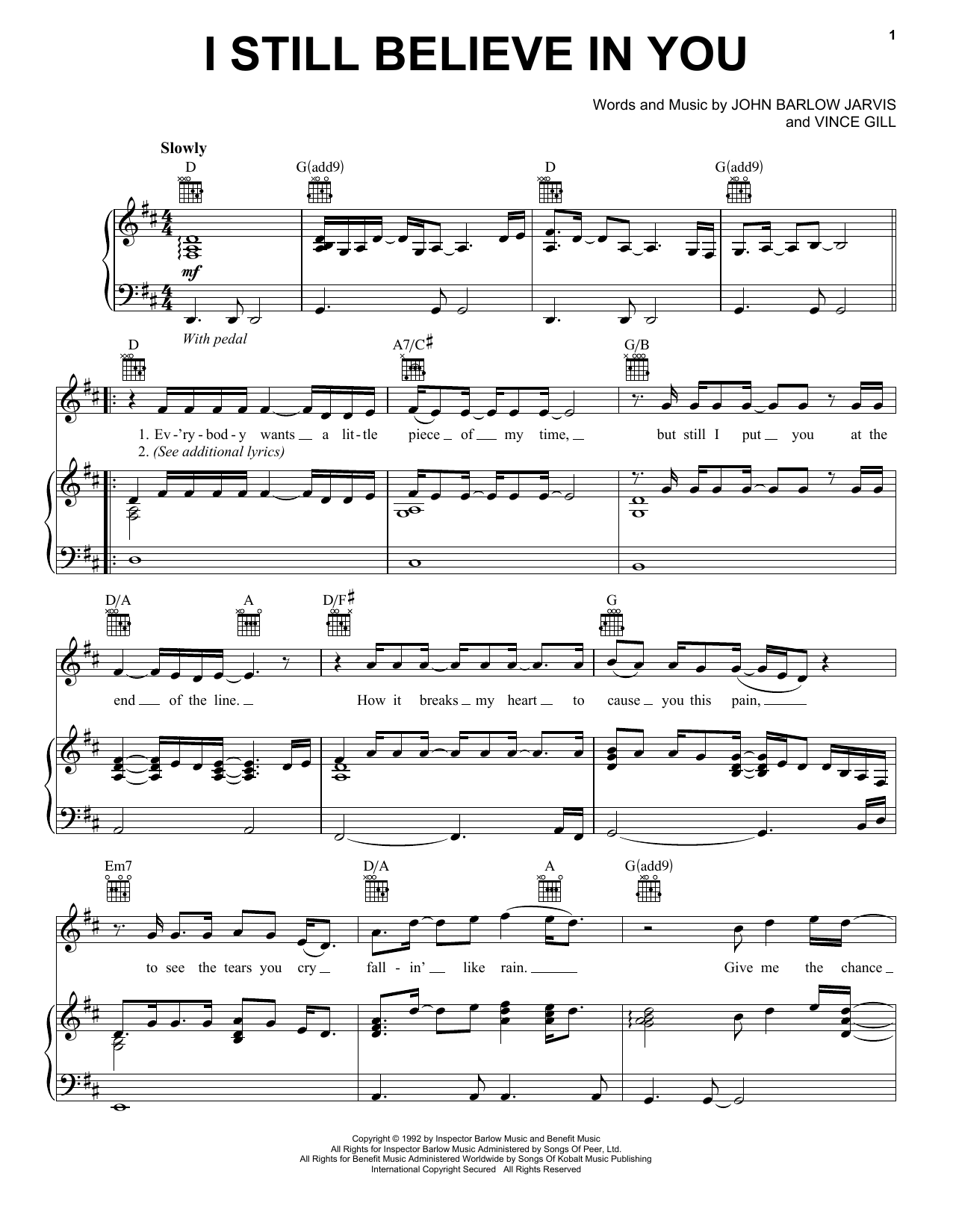 Vince Gill I Still Believe In You Sheet Music Notes & Chords for Piano, Vocal & Guitar (Right-Hand Melody) - Download or Print PDF