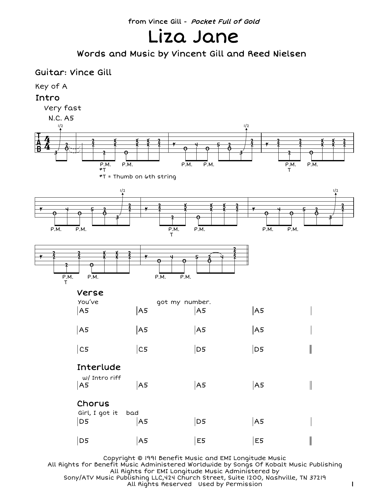 Vince Gill Liza Jane Sheet Music Notes & Chords for Guitar Tab - Download or Print PDF