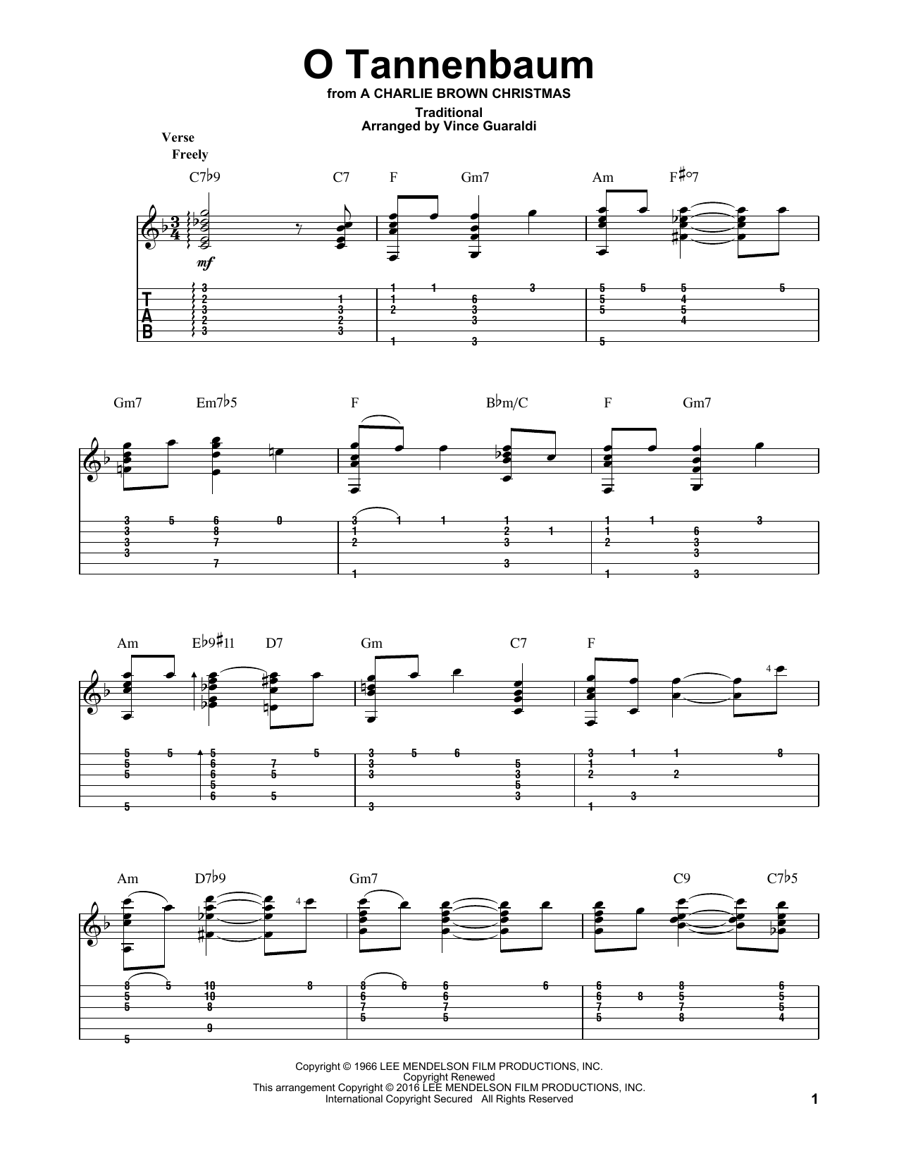 Vince Guaraldi (arr.) O Tannenbaum Sheet Music Notes & Chords for Guitar Tab - Download or Print PDF