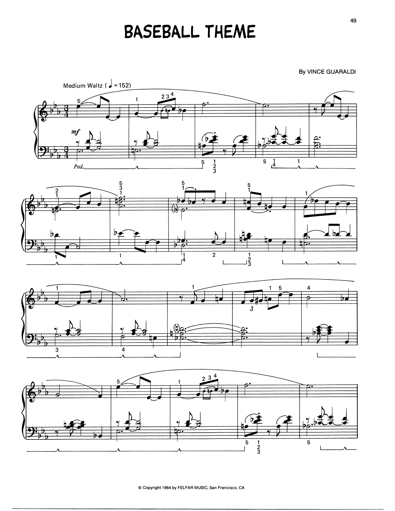 Vince Guaraldi Baseball Theme (arr. Lee Evans) Sheet Music Notes & Chords for Piano Solo - Download or Print PDF
