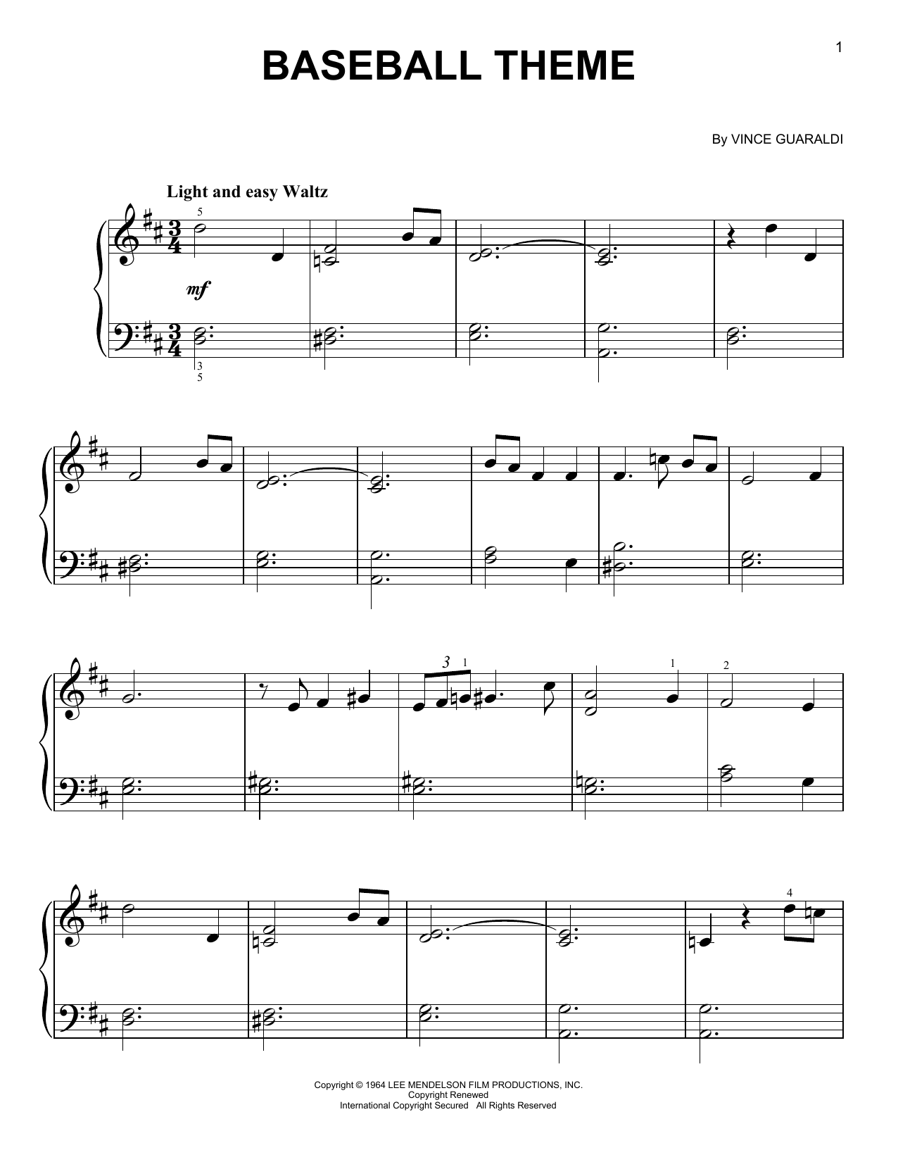 Vince Guaraldi Baseball Theme (from A Boy Named Charlie Brown) Sheet Music Notes & Chords for Piano (Big Notes) - Download or Print PDF