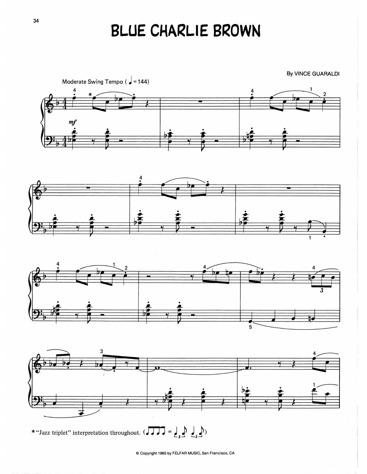 Vince Guaraldi Blue Charlie Brown (arr. Lee Evans) Sheet Music Notes & Chords for Piano Solo - Download or Print PDF