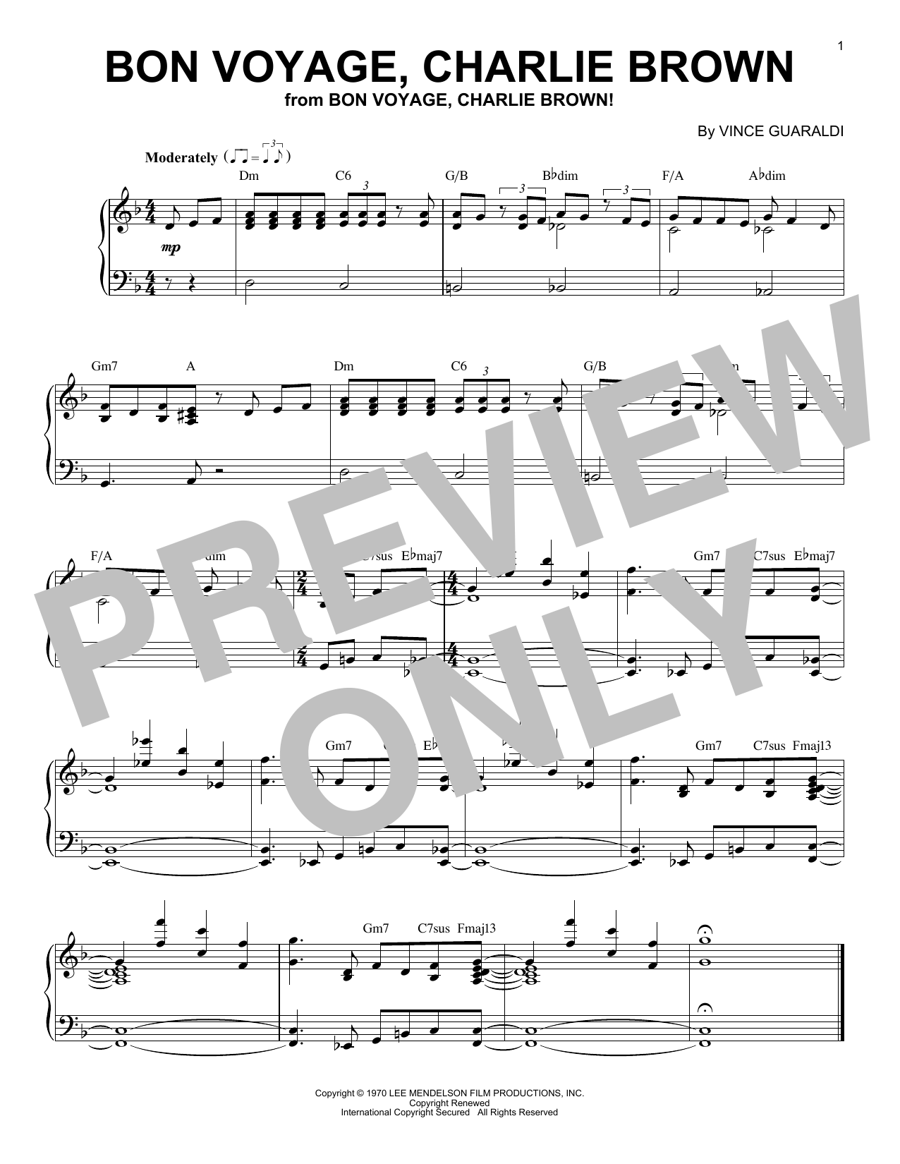 Vince Guaraldi Bon Voyage, Charlie Brown Sheet Music Notes & Chords for Piano Solo - Download or Print PDF