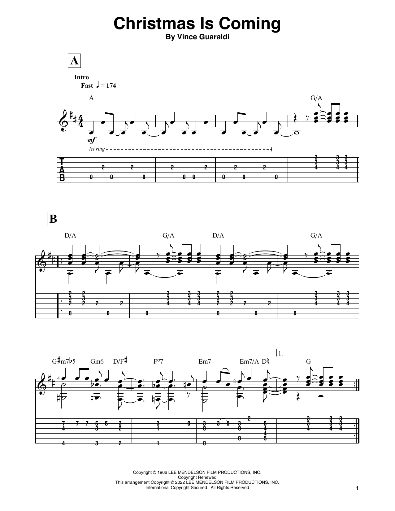 Vince Guaraldi Christmas Is Coming (from A Charlie Brown Christmas) Sheet Music Notes & Chords for Solo Guitar - Download or Print PDF