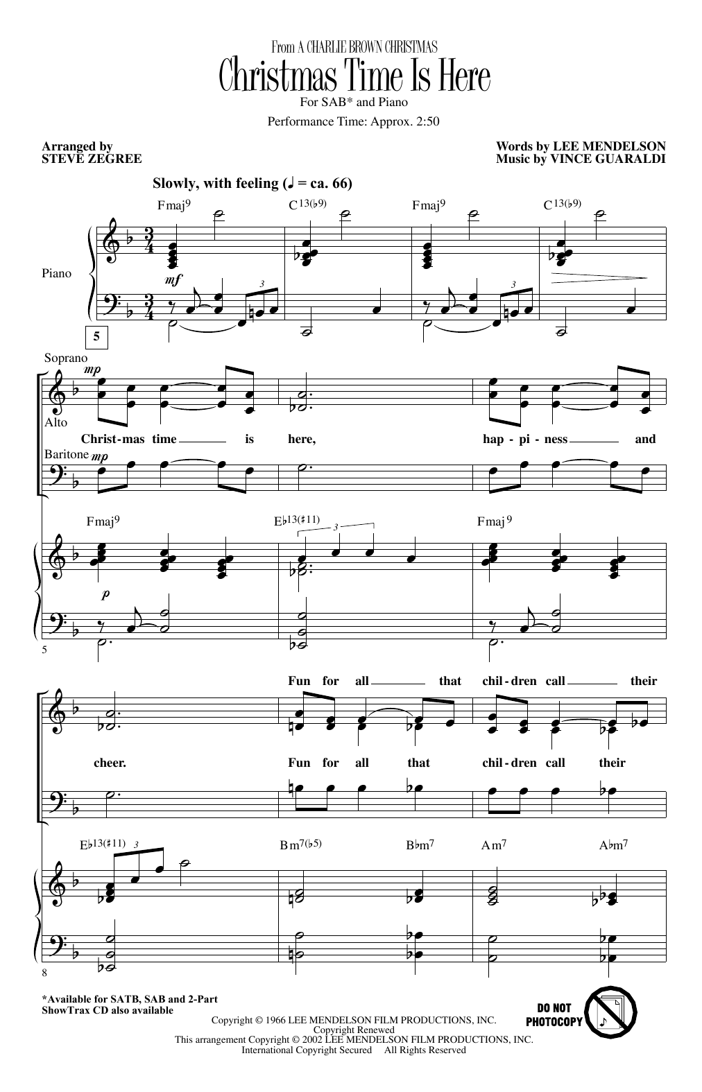 Vince Guaraldi Christmas Time Is Here (arr. Steve Zegree) Sheet Music Notes & Chords for SAB Choir - Download or Print PDF