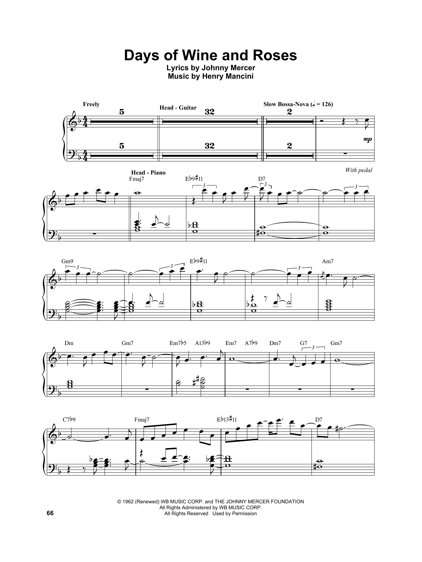 Vince Guaraldi Days Of Wine And Roses Sheet Music Notes & Chords for Piano Transcription - Download or Print PDF
