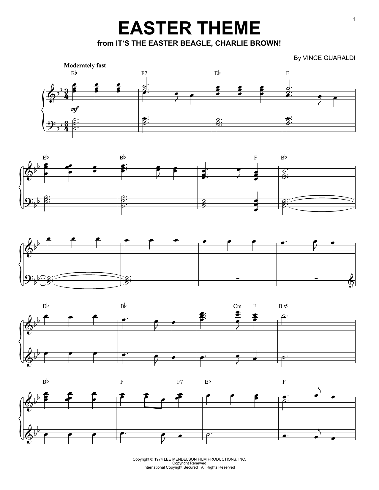 Vince Guaraldi Easter Theme (from It's The Easter Beagle, Charlie Brown) Sheet Music Notes & Chords for Piano Solo - Download or Print PDF