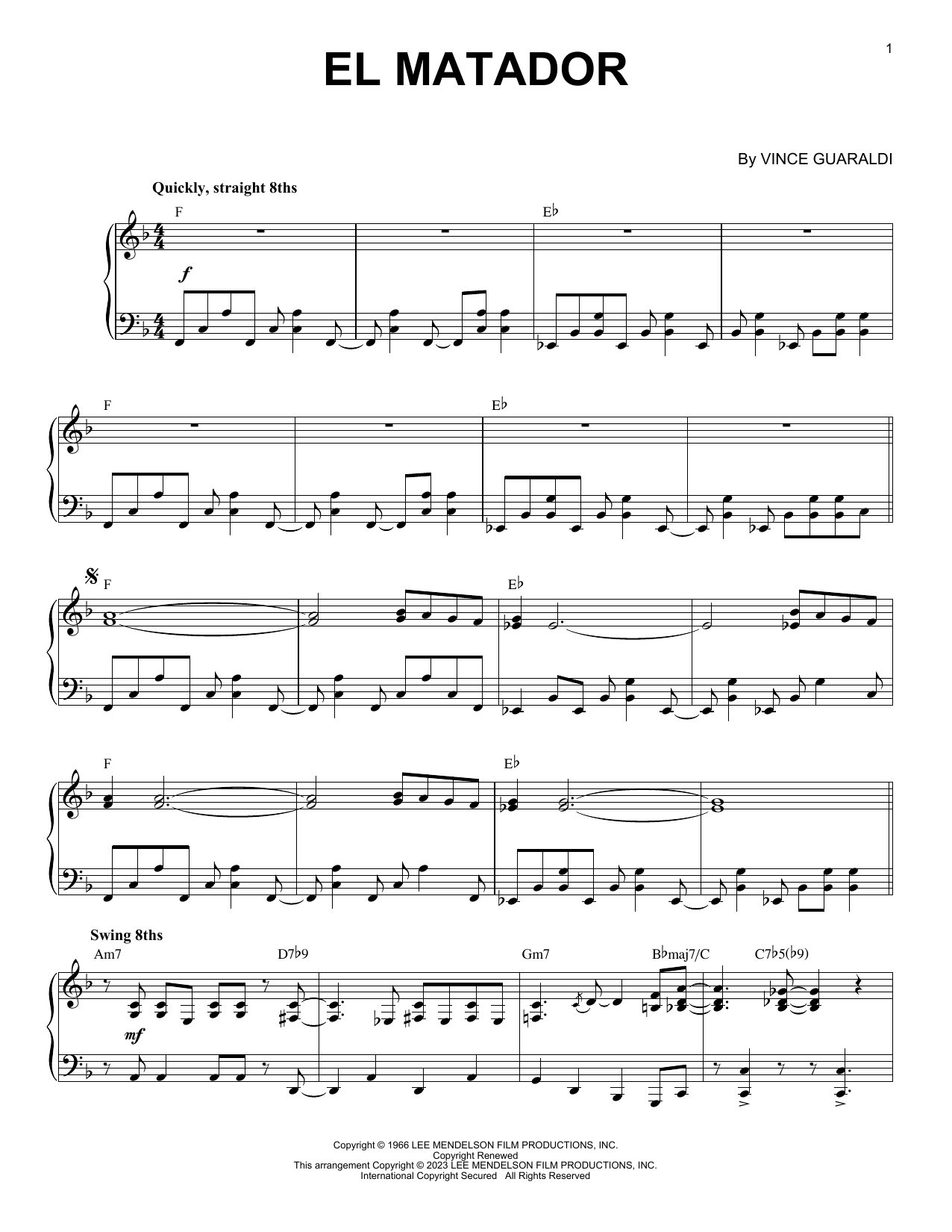 Vince Guaraldi El Matador [Jazz version] (arr. Brent Edstrom) Sheet Music Notes & Chords for Piano Solo - Download or Print PDF