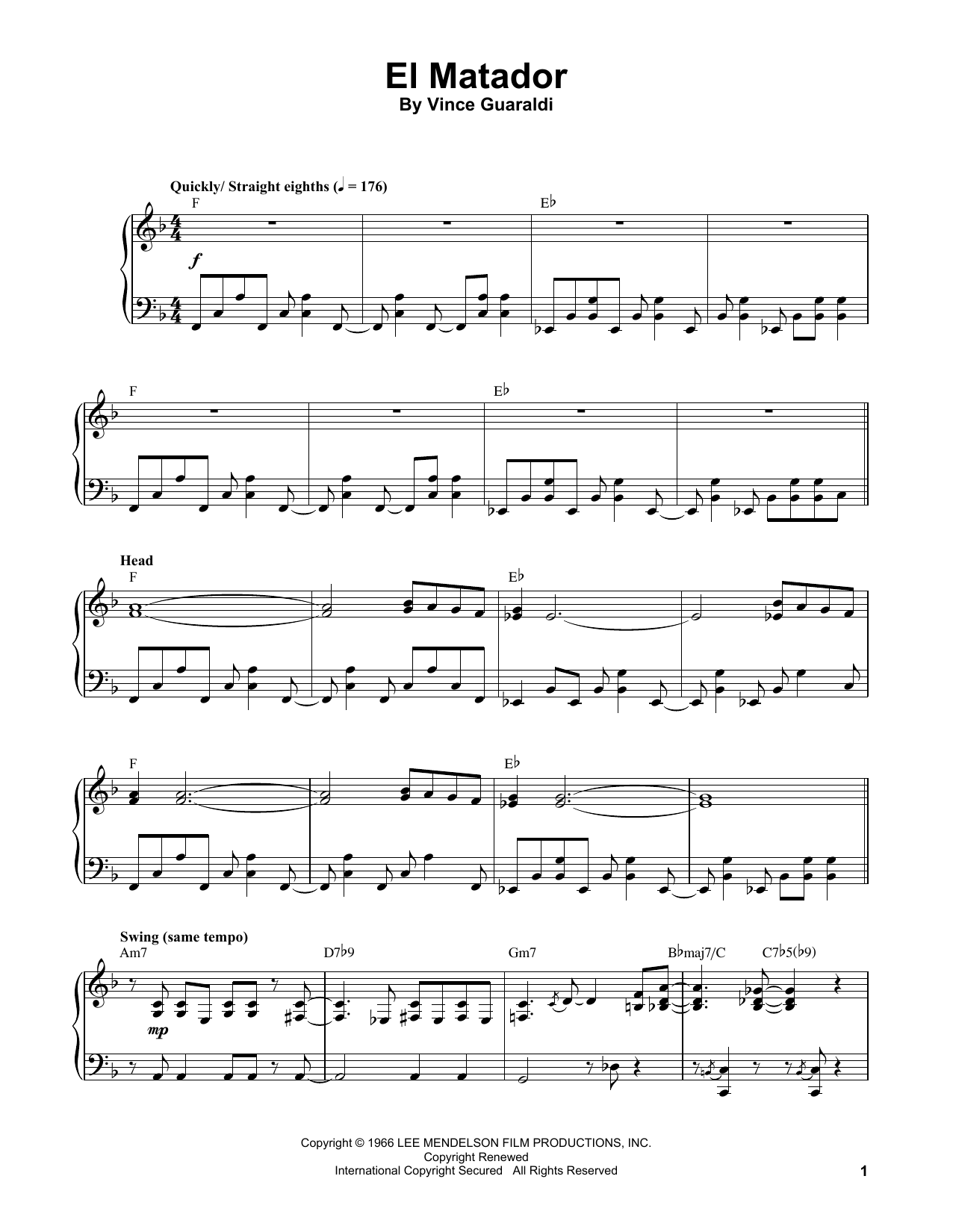 Vince Guaraldi El Matador Sheet Music Notes & Chords for Piano Transcription - Download or Print PDF