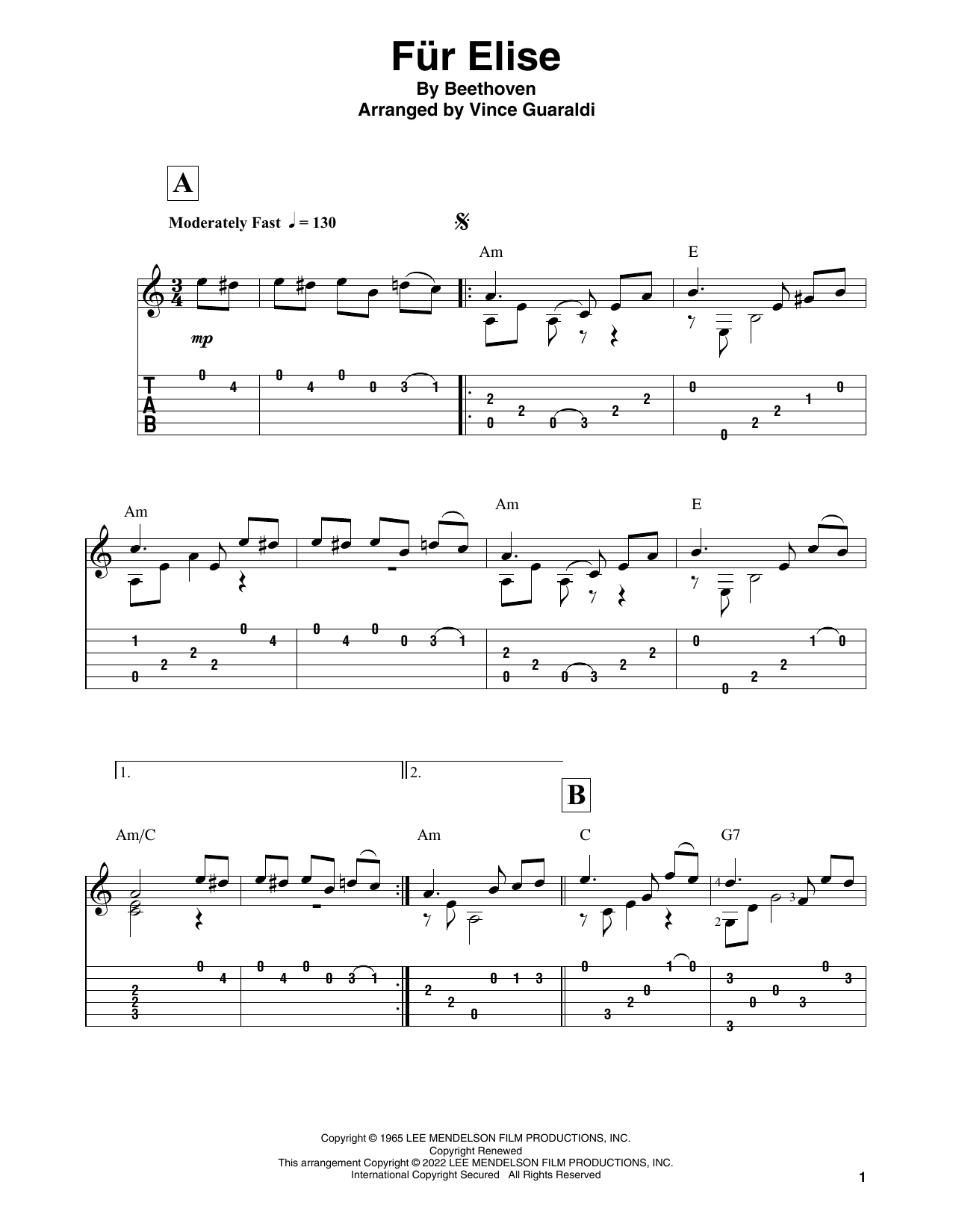 Vince Guaraldi Fur Elise (from A Charlie Brown Christmas) Sheet Music Notes & Chords for Solo Guitar - Download or Print PDF