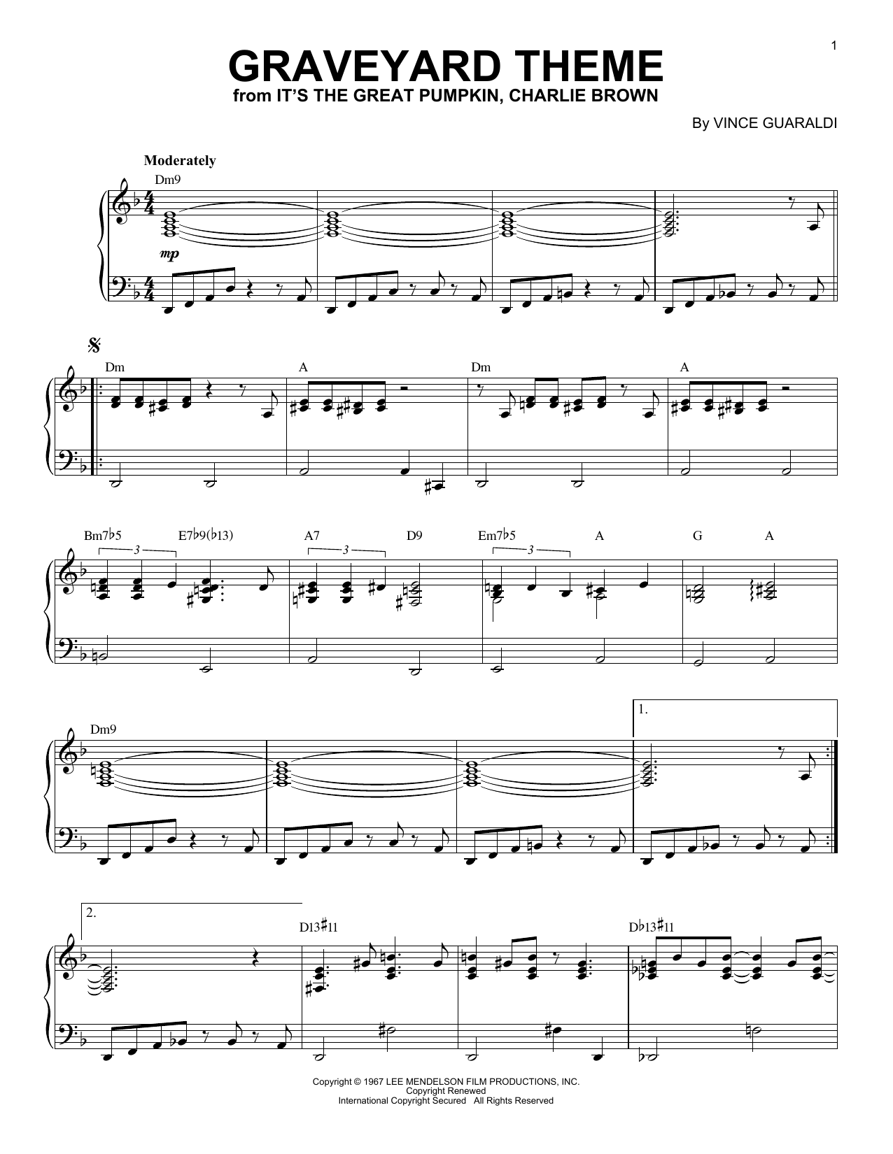 Vince Guaraldi Graveyard Theme (from It's The Great Pumpkin, Charlie Brown) Sheet Music Notes & Chords for Piano Solo - Download or Print PDF