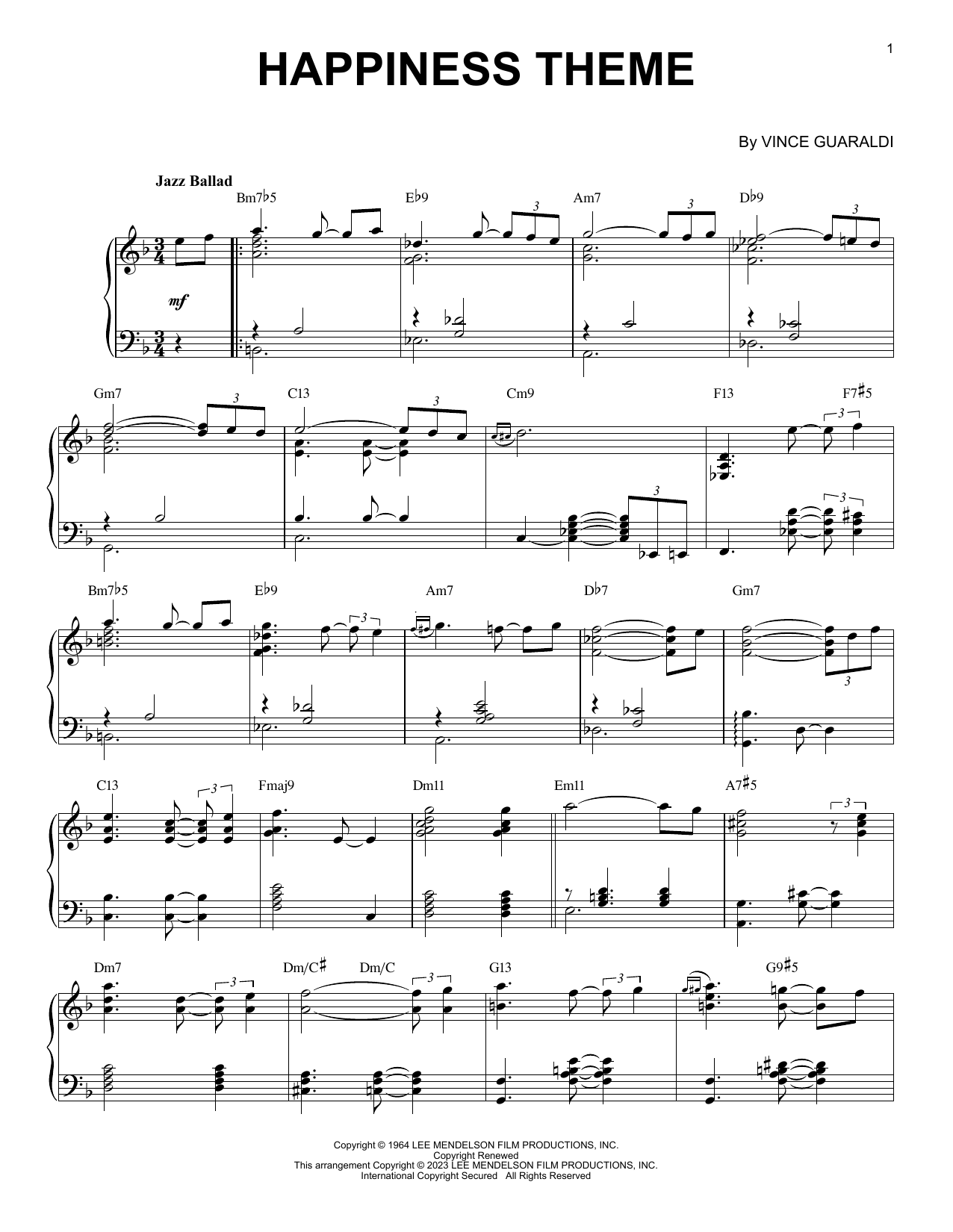 Vince Guaraldi Happiness Theme [Jazz version] (arr. Brent Edstrom) Sheet Music Notes & Chords for Piano Solo - Download or Print PDF
