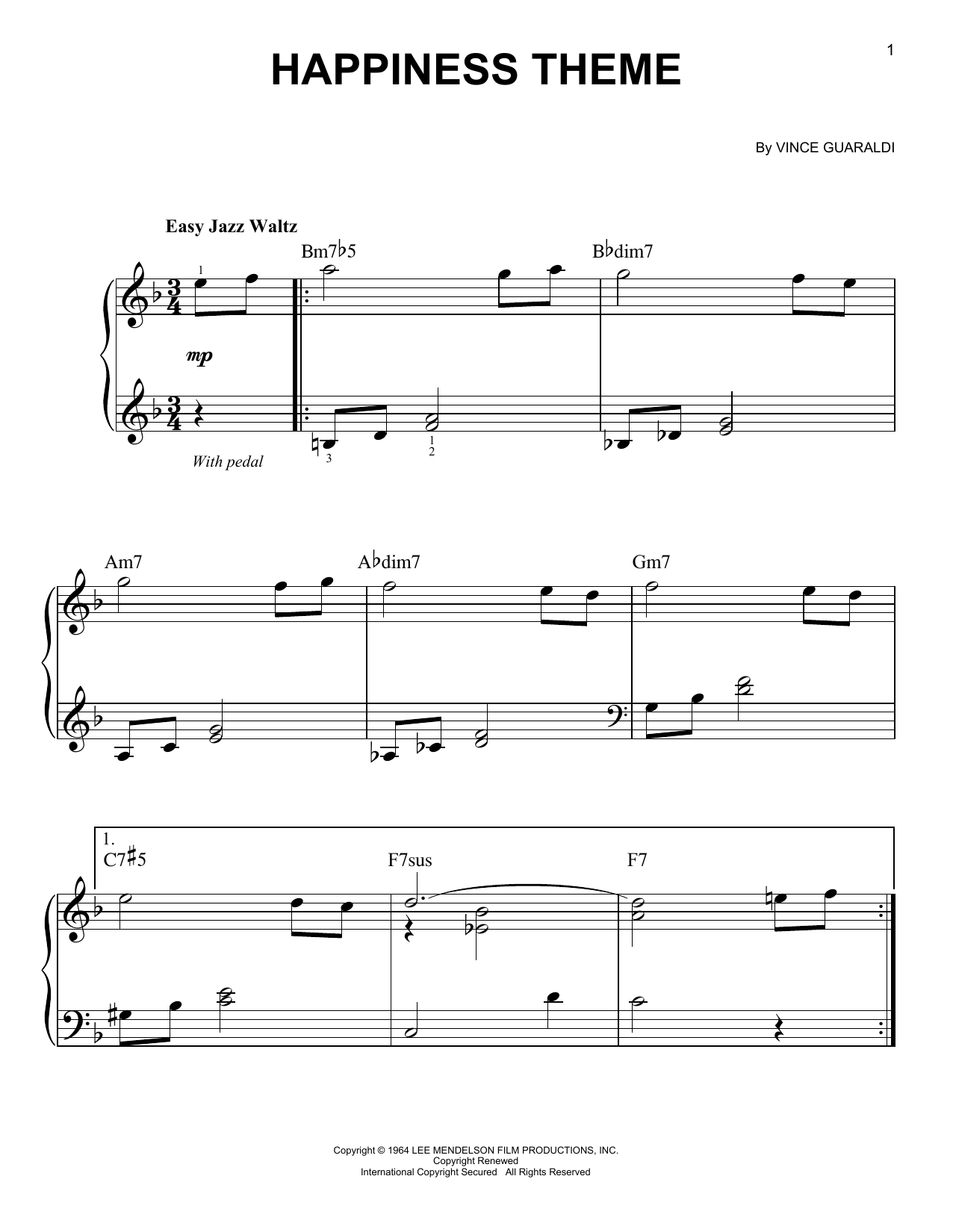 Vince Guaraldi Happiness Theme Sheet Music Notes & Chords for Easy Piano - Download or Print PDF