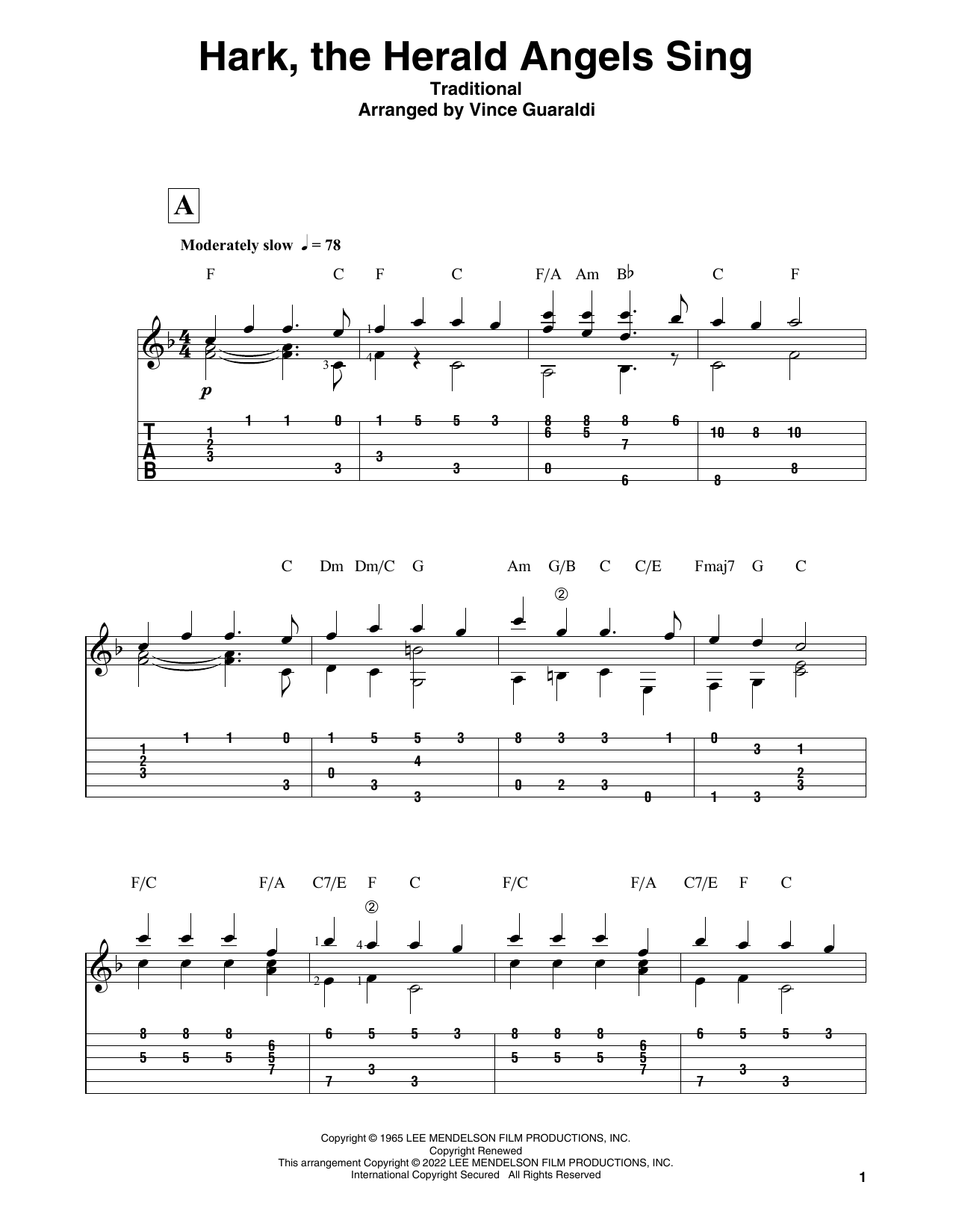 Vince Guaraldi Hark, The Herald Angels Sing (from A Charlie Brown Christmas) Sheet Music Notes & Chords for Solo Guitar - Download or Print PDF