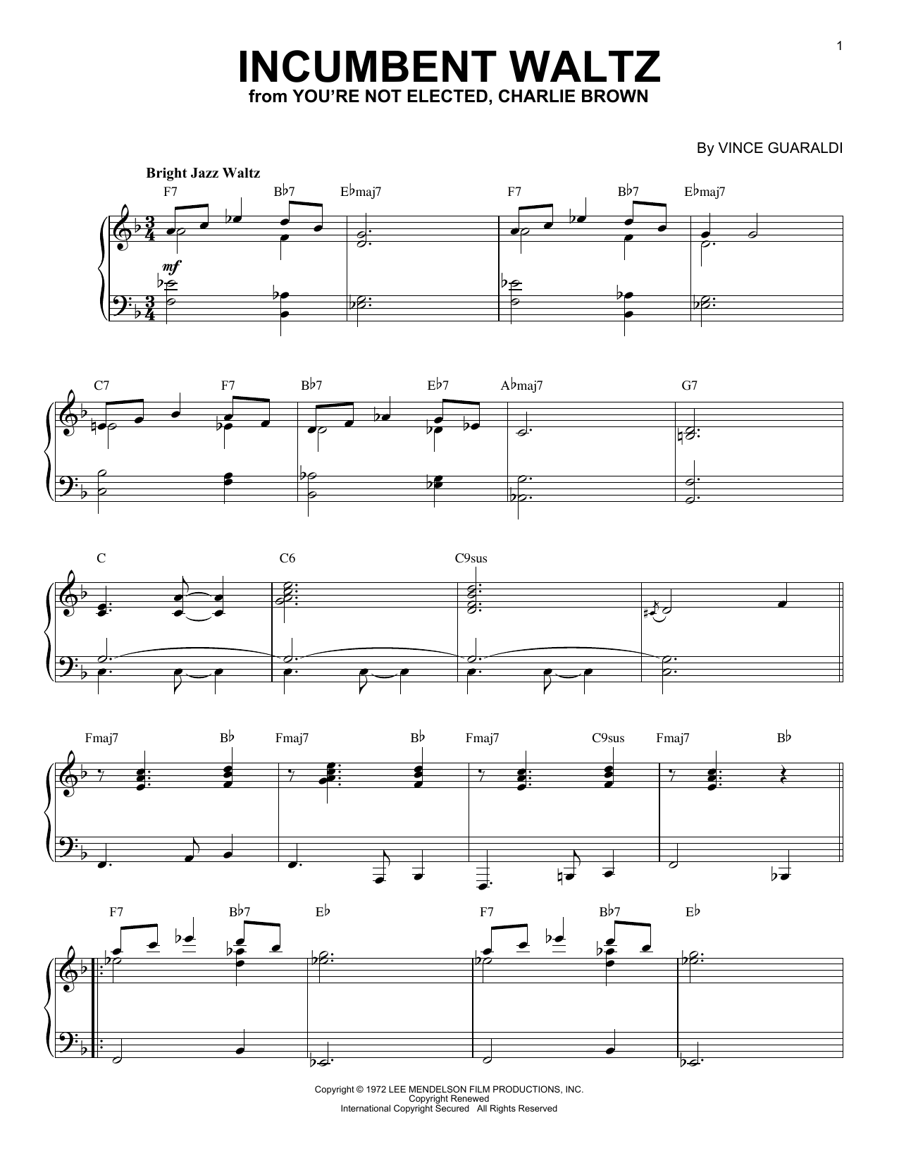 Vince Guaraldi Incumbent Waltz (from You're Not Elected, Charlie Brown) Sheet Music Notes & Chords for Piano Solo - Download or Print PDF