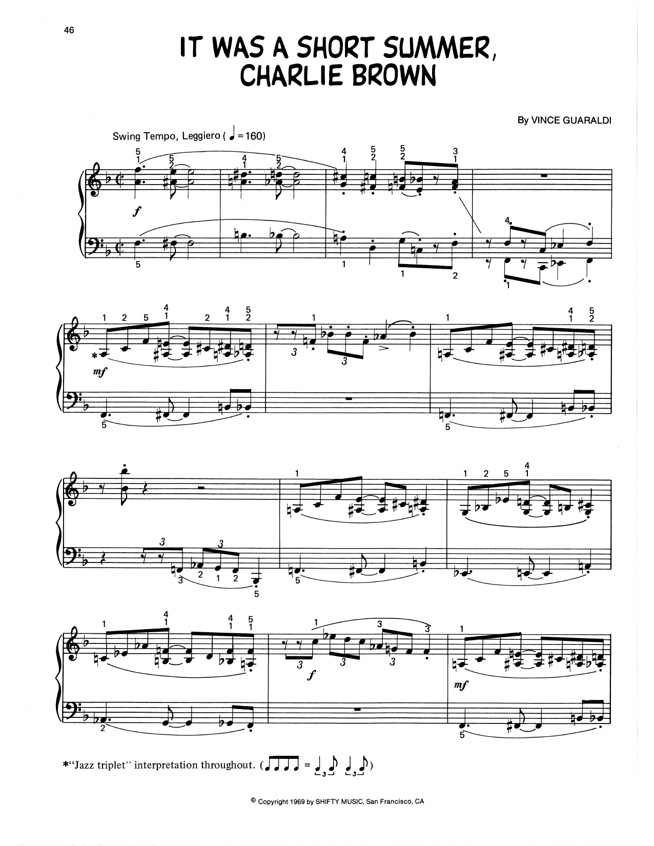 Vince Guaraldi It Was A Short Summer, Charlie Brown (arr. Lee Evans) Sheet Music Notes & Chords for Piano Solo - Download or Print PDF