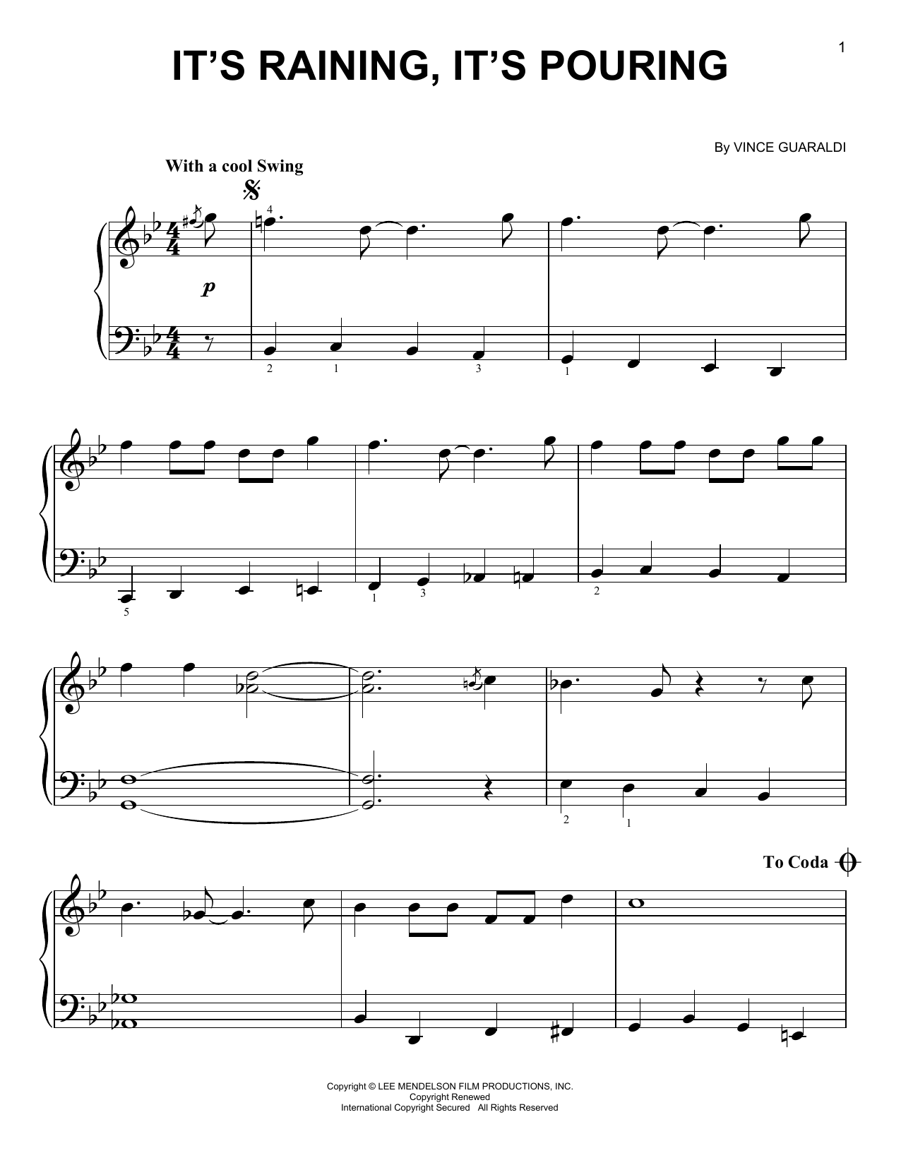 Vince Guaraldi It's Raining, It's Pouring Sheet Music Notes & Chords for Easy Piano - Download or Print PDF