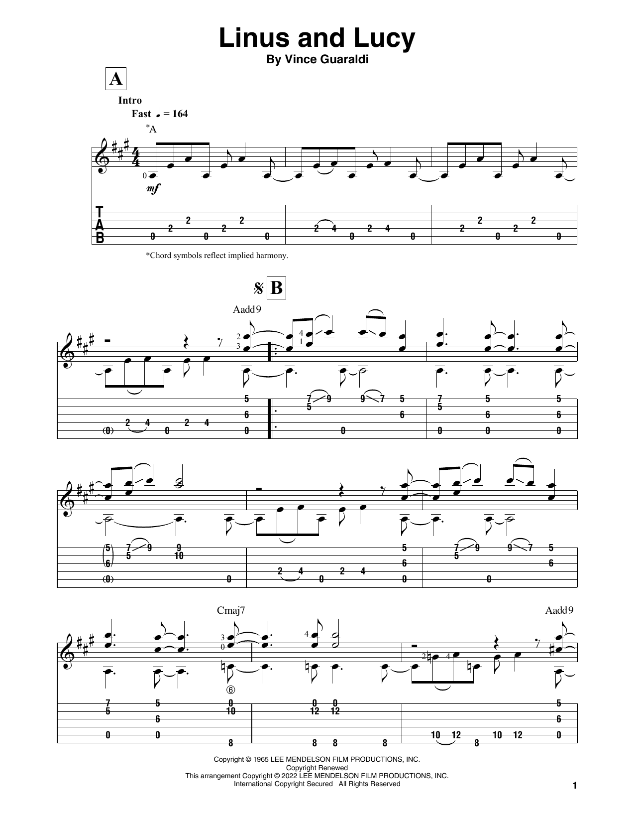 Vince Guaraldi Linus And Lucy (from A Charlie Brown Christmas) Sheet Music Notes & Chords for Solo Guitar - Download or Print PDF