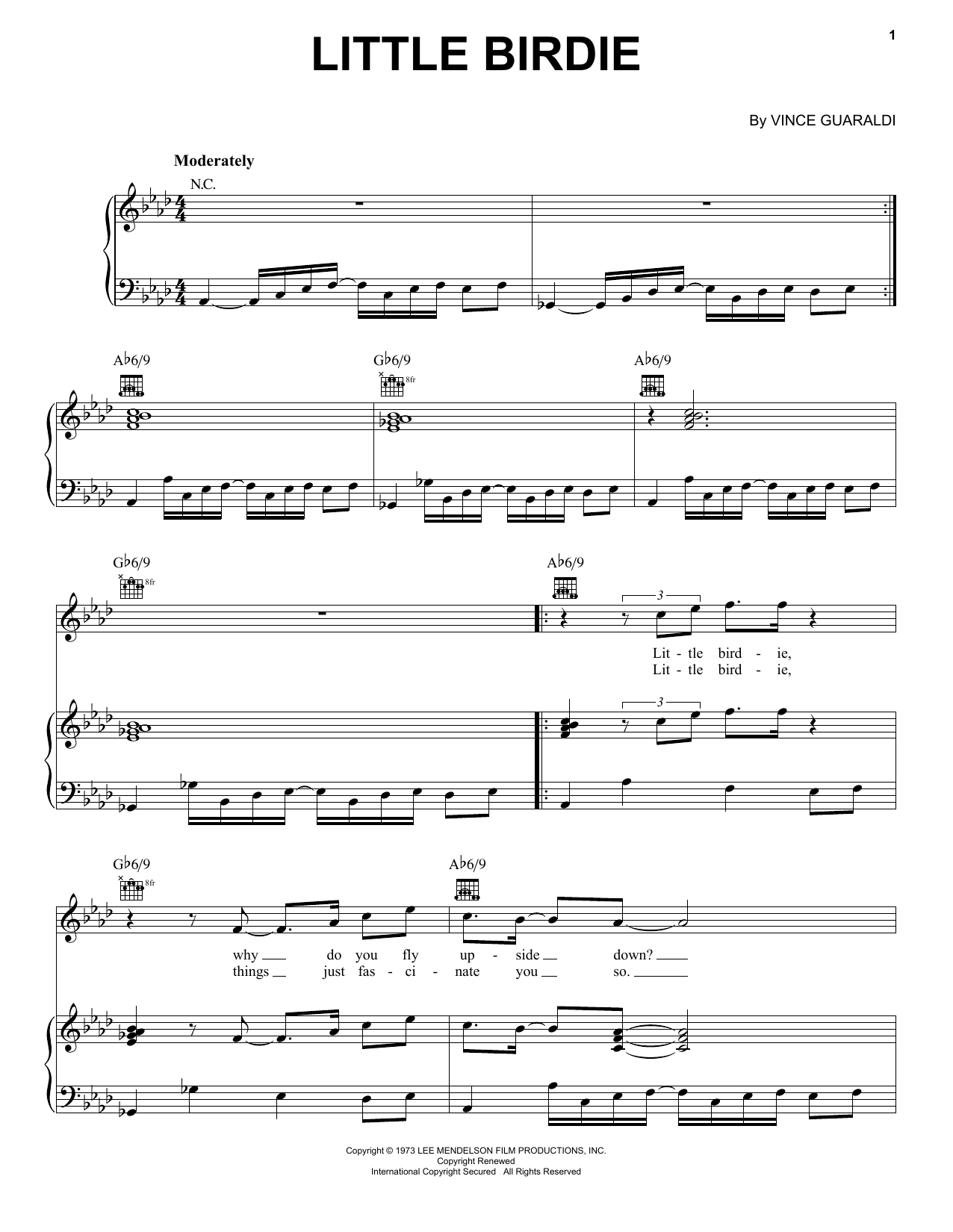Vince Guaraldi Little Birdie Sheet Music Notes & Chords for Piano, Vocal & Guitar (Right-Hand Melody) - Download or Print PDF