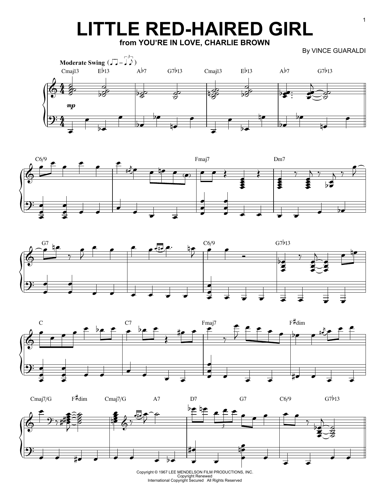 Vince Guaraldi Little Red-Haired Girl Sheet Music Notes & Chords for Piano Solo - Download or Print PDF