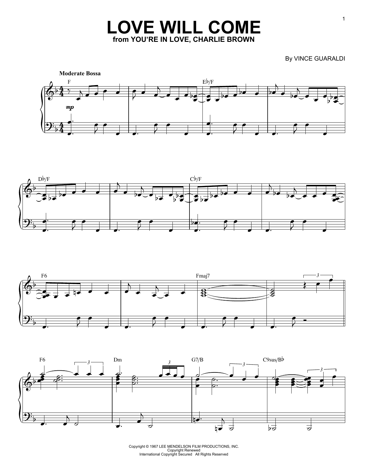 Vince Guaraldi Love Will Come (from You're In Love, Charlie Brown) Sheet Music Notes & Chords for Piano Solo - Download or Print PDF