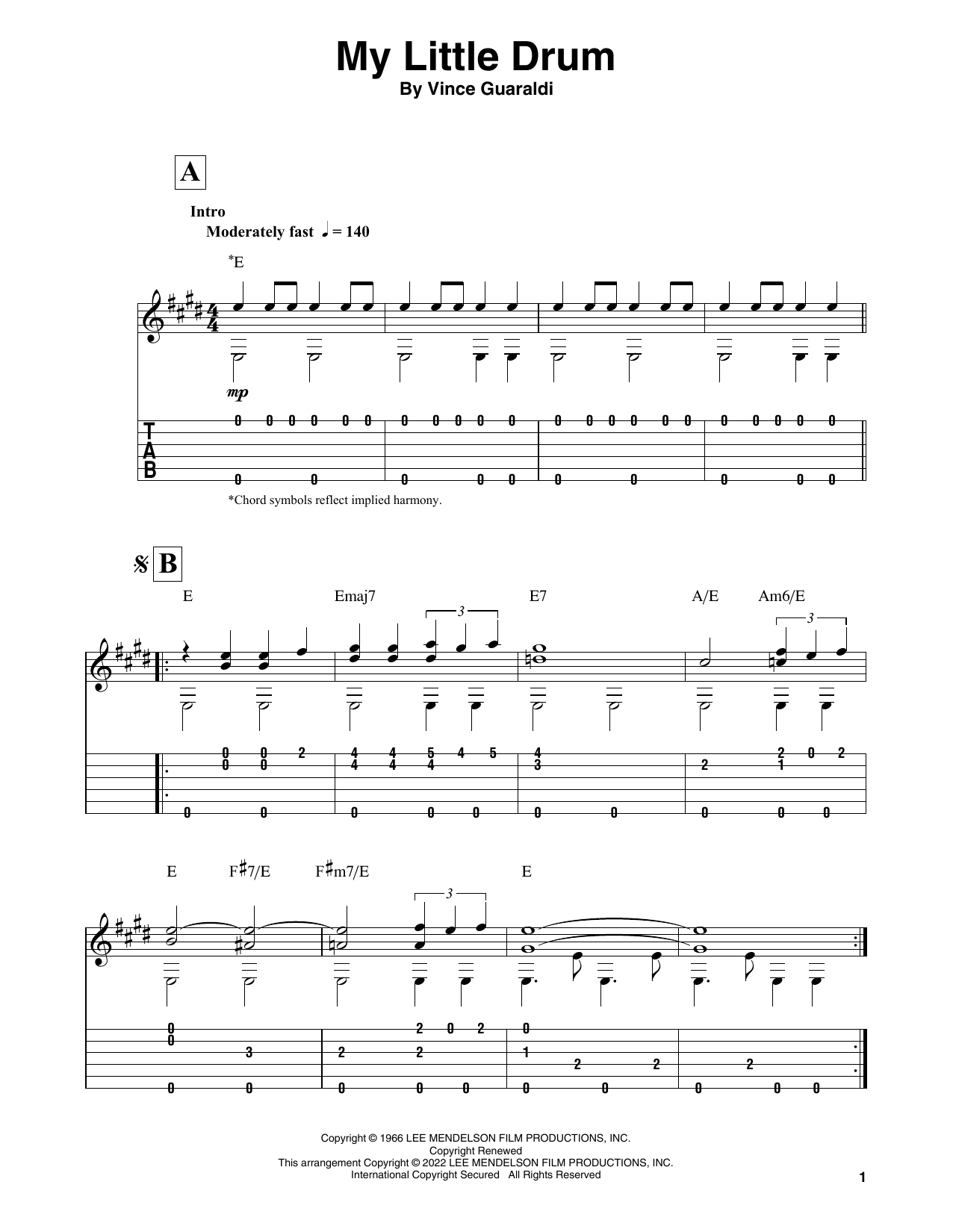 Vince Guaraldi My Little Drum (from A Charlie Brown Christmas) Sheet Music Notes & Chords for Solo Guitar - Download or Print PDF
