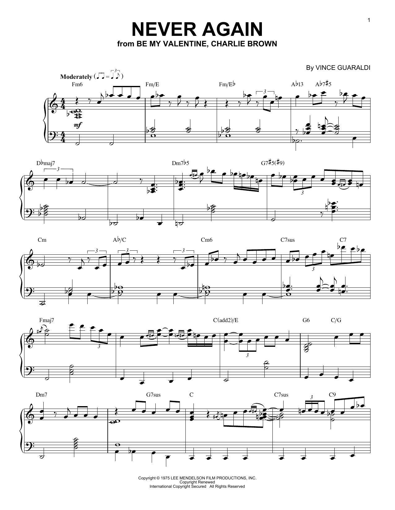 Vince Guaraldi Never Again Sheet Music Notes & Chords for Piano Solo - Download or Print PDF