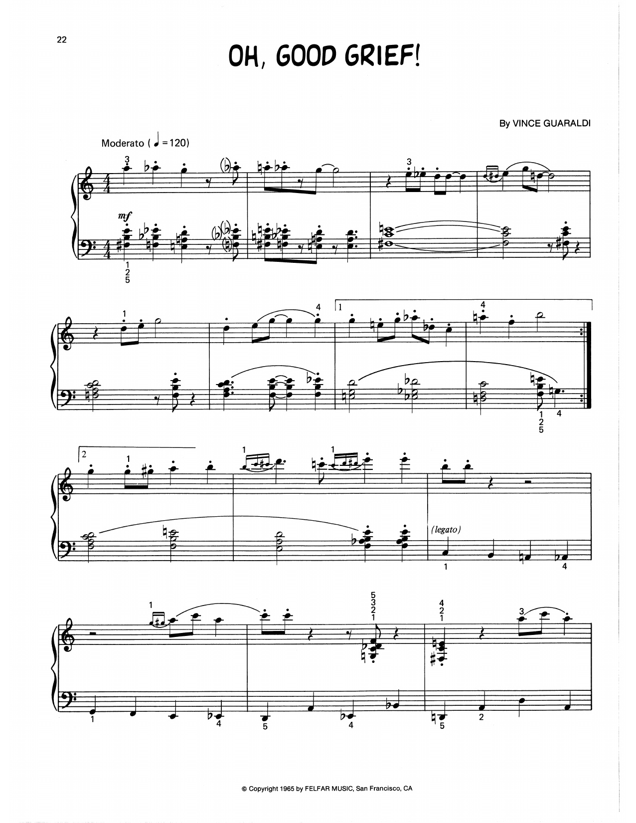 Vince Guaraldi Oh, Good Grief (arr. Lee Evans) Sheet Music Notes & Chords for Piano Solo - Download or Print PDF