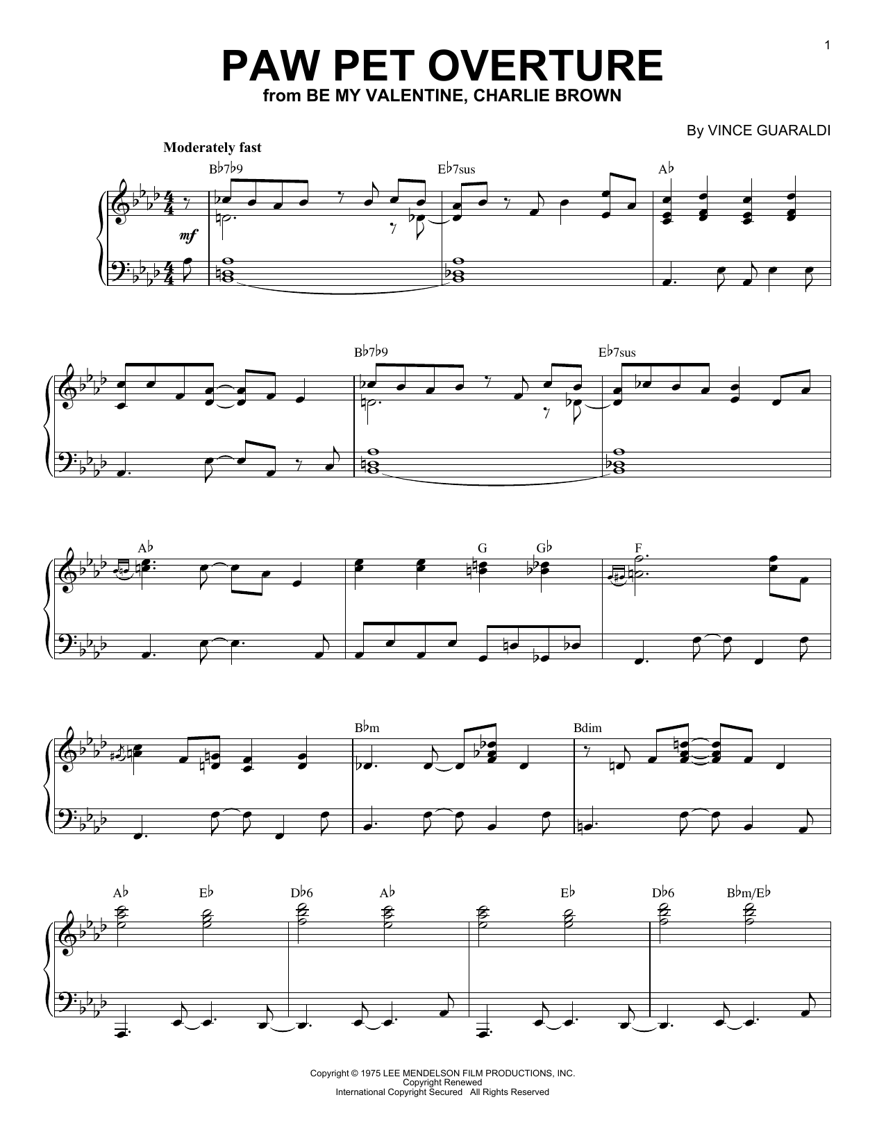 Vince Guaraldi Paw Pet Overture Sheet Music Notes & Chords for Piano Solo - Download or Print PDF