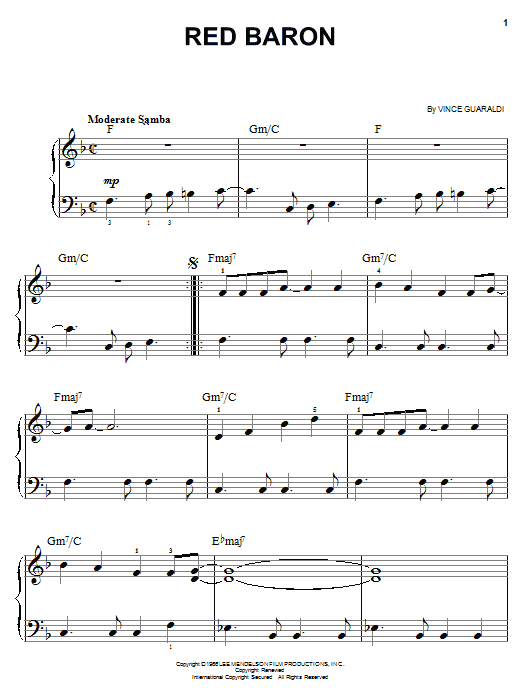 Vince Guaraldi Red Baron Sheet Music Notes & Chords for Piano (Big Notes) - Download or Print PDF