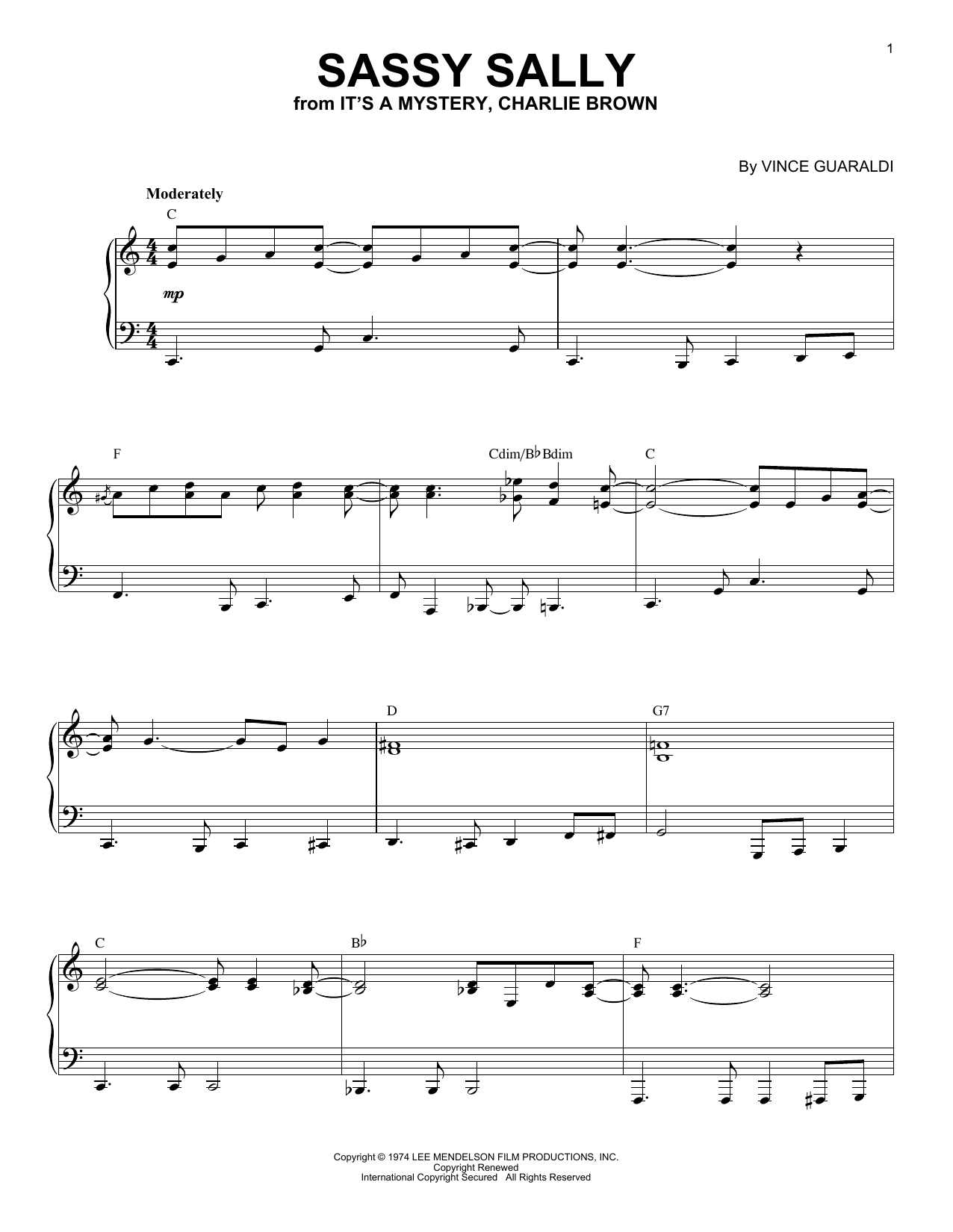 Vince Guaraldi Sassy Sally Sheet Music Notes & Chords for Piano Solo - Download or Print PDF