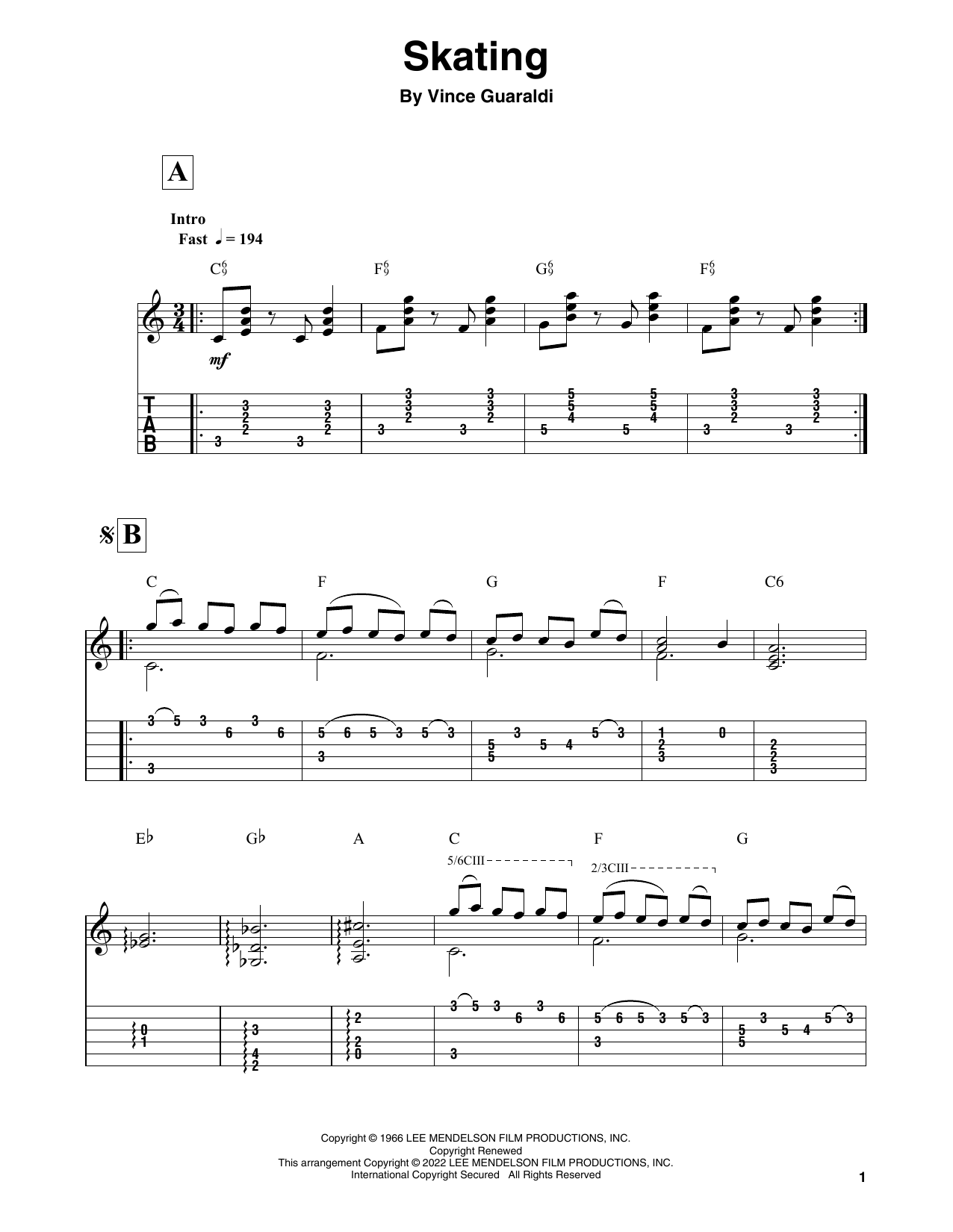 Vince Guaraldi Skating (from A Charlie Brown Christmas) Sheet Music Notes & Chords for Solo Guitar - Download or Print PDF