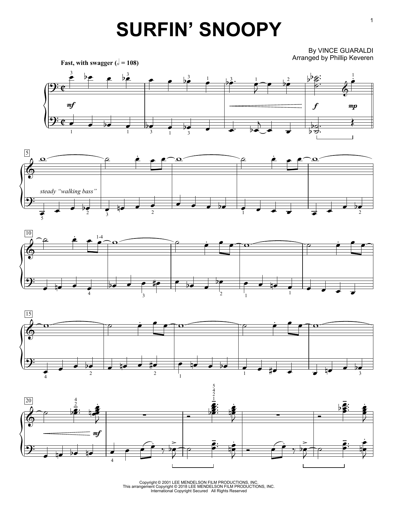 Vince Guaraldi Surfin' Snoopy (arr. Phillip Keveren) Sheet Music Notes & Chords for Piano Solo - Download or Print PDF