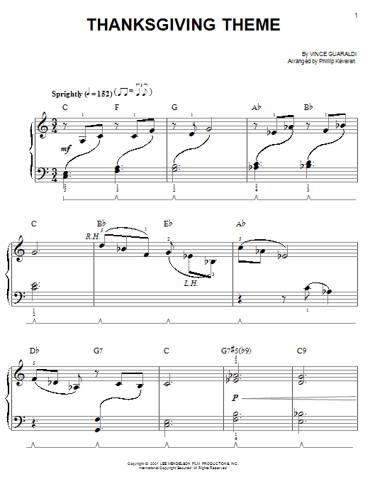 Vince Guaraldi Thanksgiving Theme (arr. Phillip Keveren) Sheet Music Notes & Chords for Easy Piano - Download or Print PDF