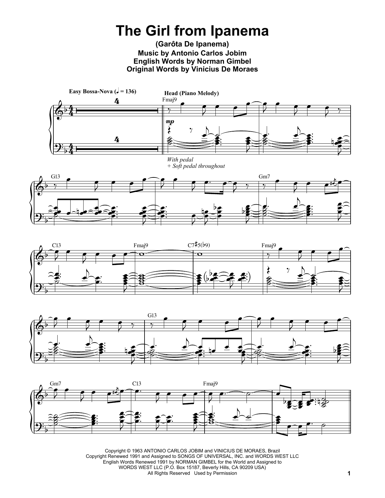 Vince Guaraldi The Girl From Ipanema (Garota De Ipanema) Sheet Music Notes & Chords for Piano Transcription - Download or Print PDF