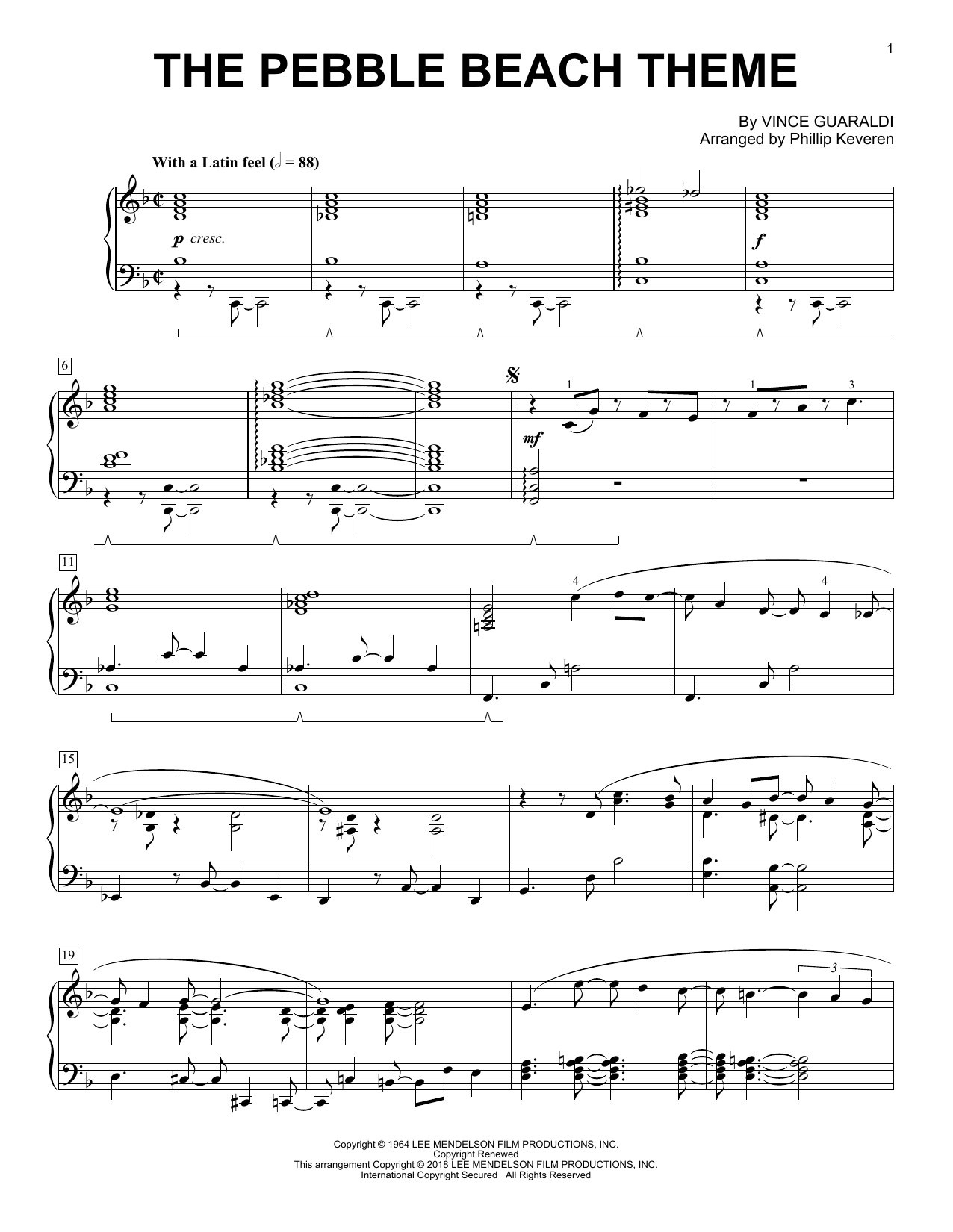 Vince Guaraldi The Pebble Beach Theme (arr. Phillip Keveren) Sheet Music Notes & Chords for Piano Solo - Download or Print PDF