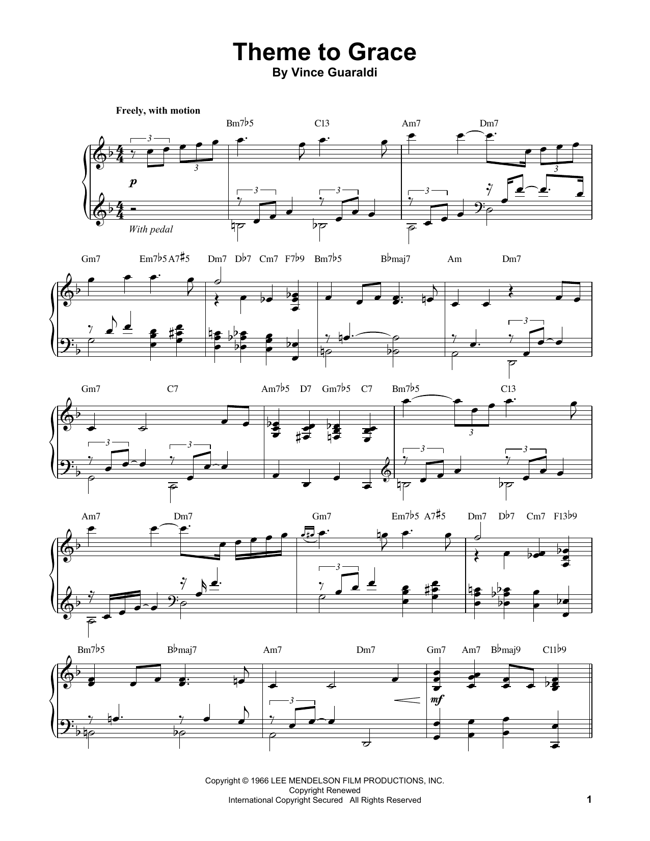 Vince Guaraldi Theme To Grace Sheet Music Notes & Chords for Piano Transcription - Download or Print PDF