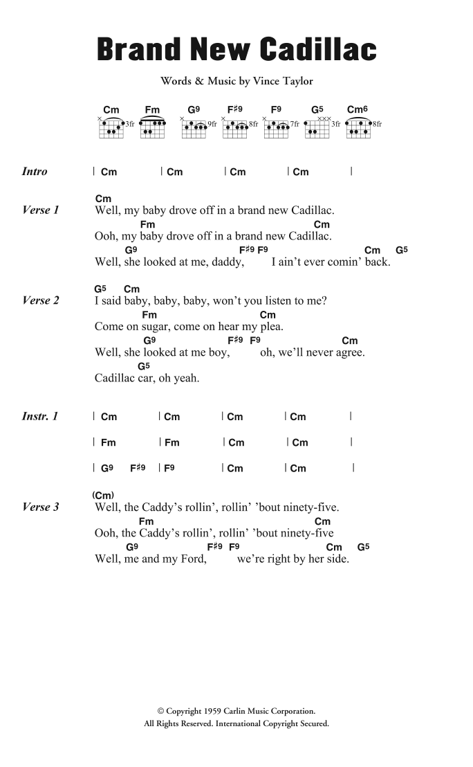 Vince Taylor & His Playboys Brand New Cadillac Sheet Music Notes & Chords for Lyrics & Chords - Download or Print PDF