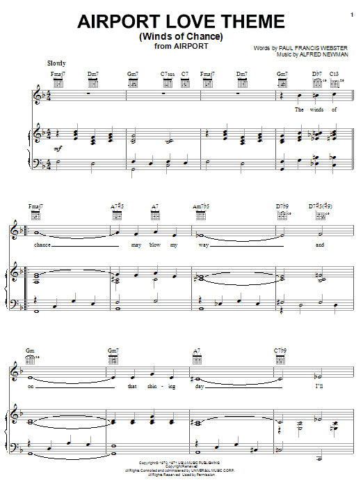 Vincent Bell Airport Love Theme (Winds Of Chance) Sheet Music Notes & Chords for Piano, Vocal & Guitar (Right-Hand Melody) - Download or Print PDF