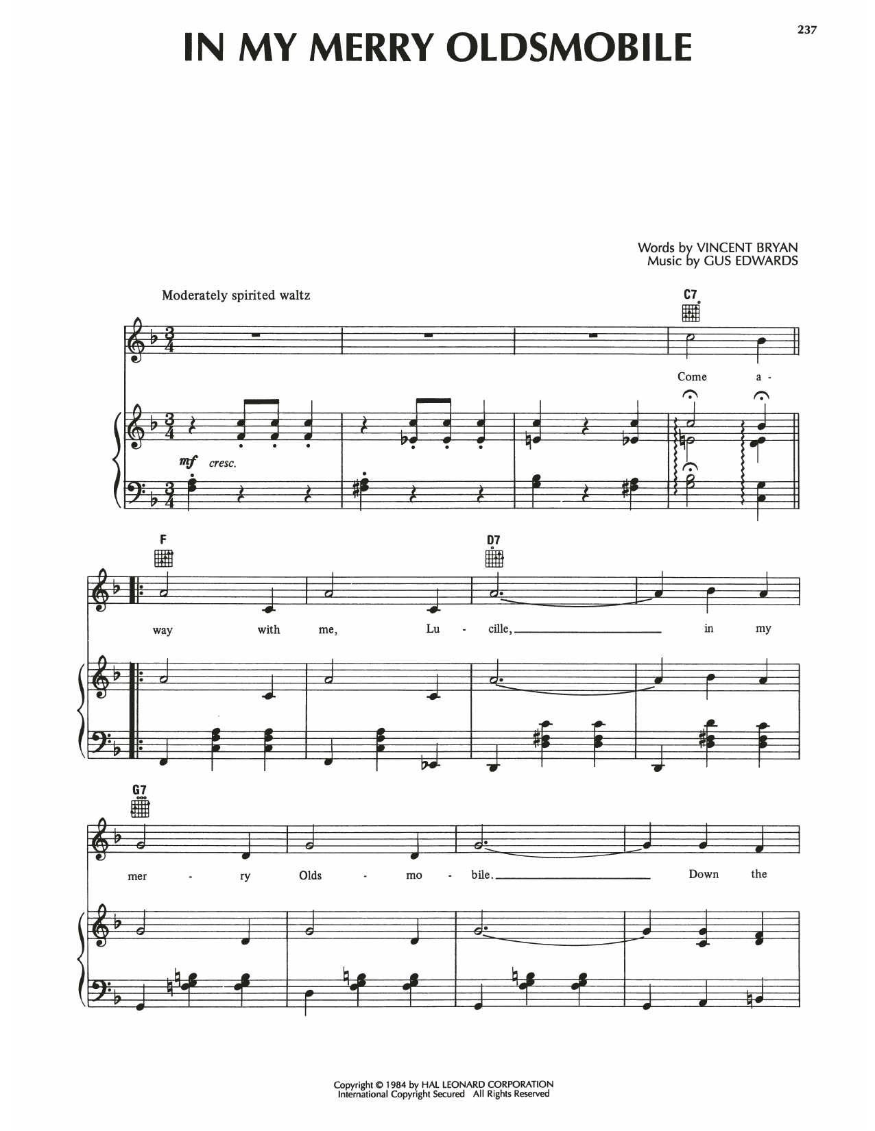 Vincent Bryan In My Merry Oldsmobile Sheet Music Notes & Chords for Piano, Vocal & Guitar Chords (Right-Hand Melody) - Download or Print PDF