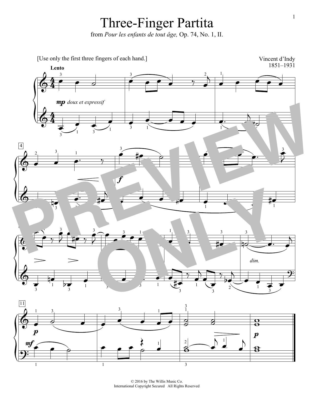 Vincent d'Indy Three-Finger Partita Sheet Music Notes & Chords for Educational Piano - Download or Print PDF