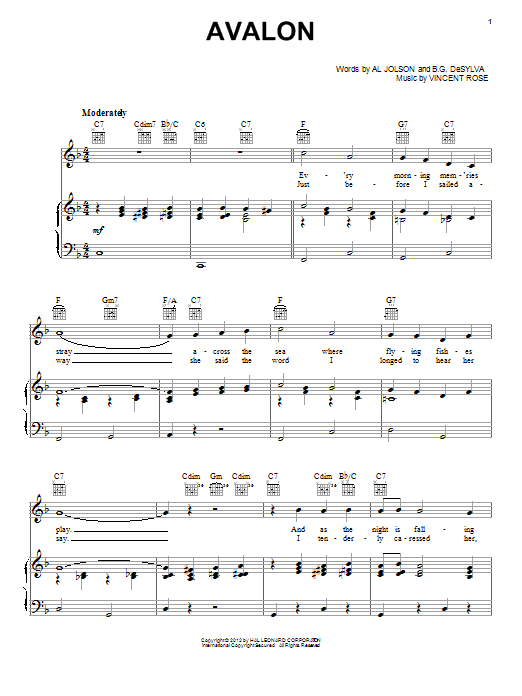Vincent Rose Avalon Sheet Music Notes & Chords for Melody Line, Lyrics & Chords - Download or Print PDF
