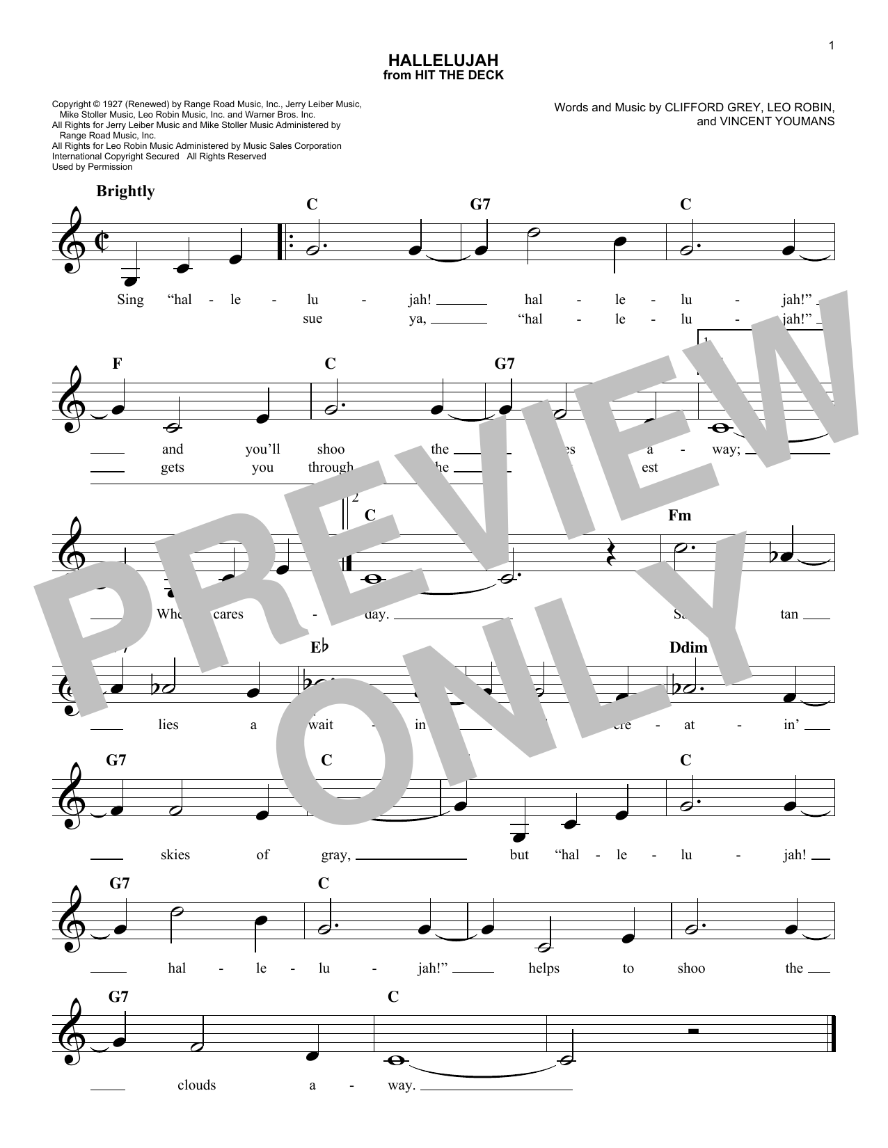 Vincent Youmans Hallelujah Sheet Music Notes & Chords for Melody Line, Lyrics & Chords - Download or Print PDF